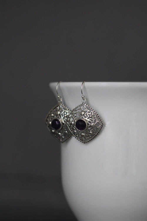 Amethyst and Sterling Silver Flower Charm Earrings