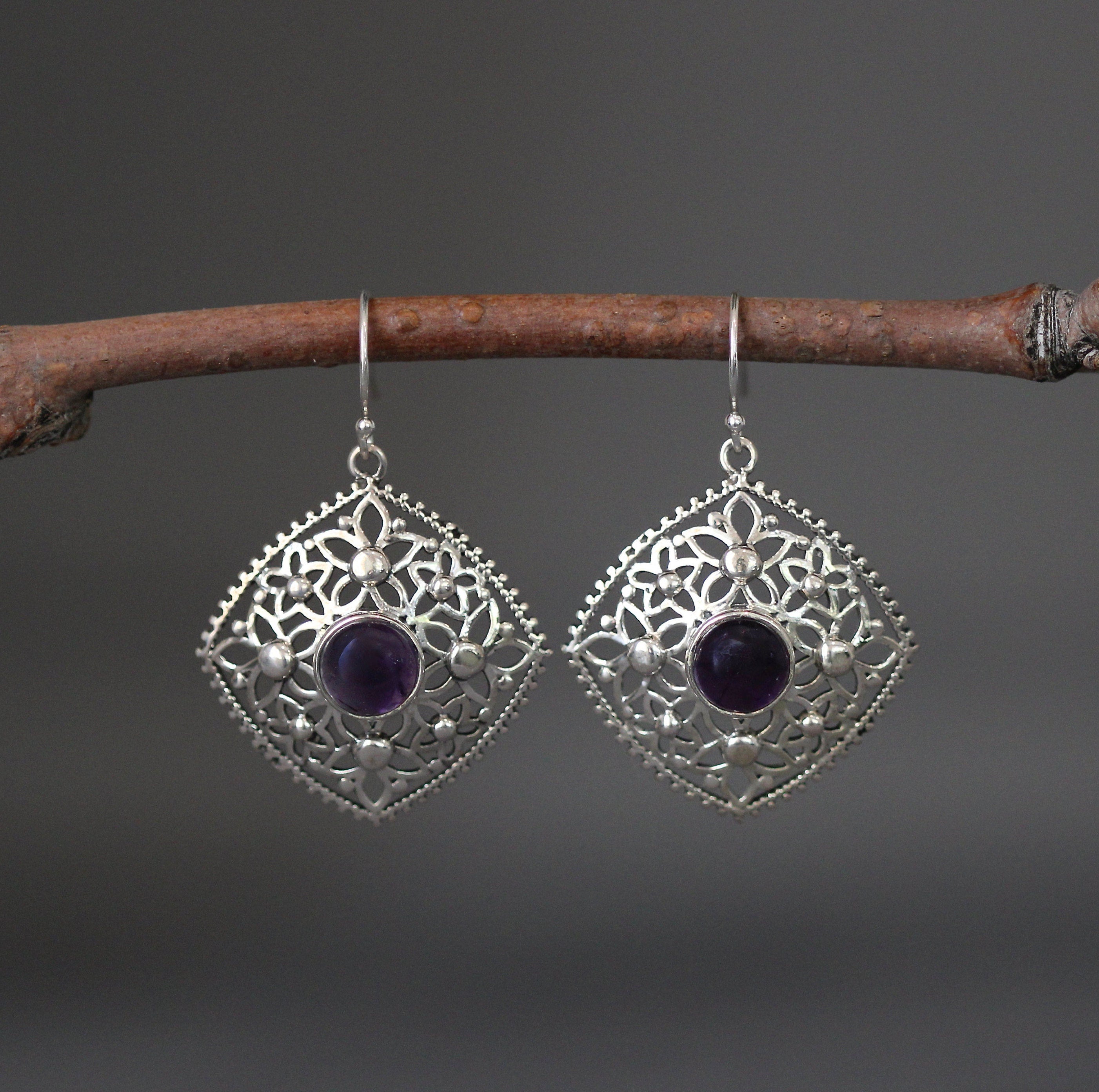 Amethyst and Sterling Silver Flower Charm Earrings