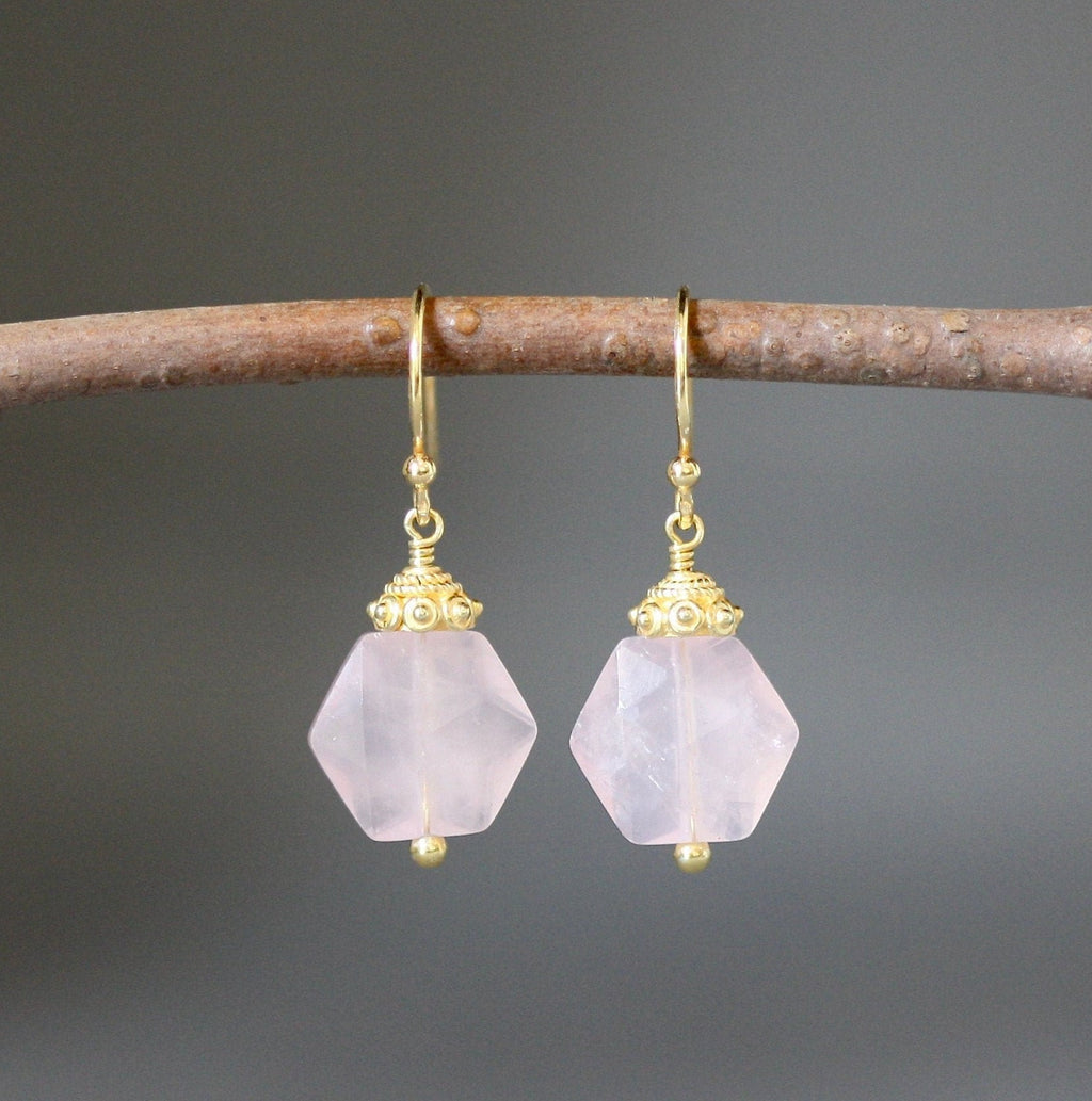 Rose Quartz Hexagon Dangle Earrings with Gold Vermeil Caps