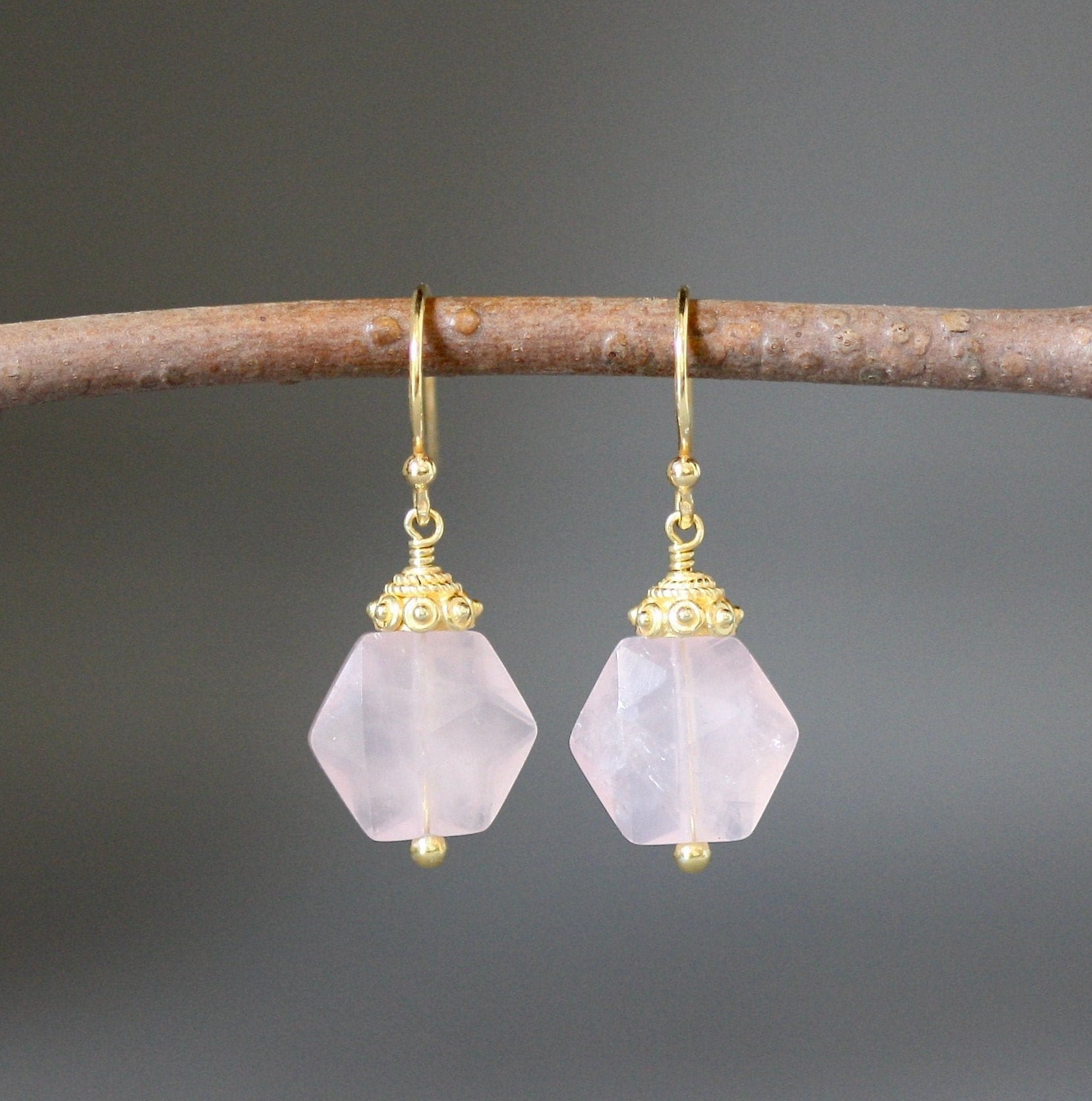 Rose Quartz Hexagon Dangle Earrings with Gold Vermeil Caps