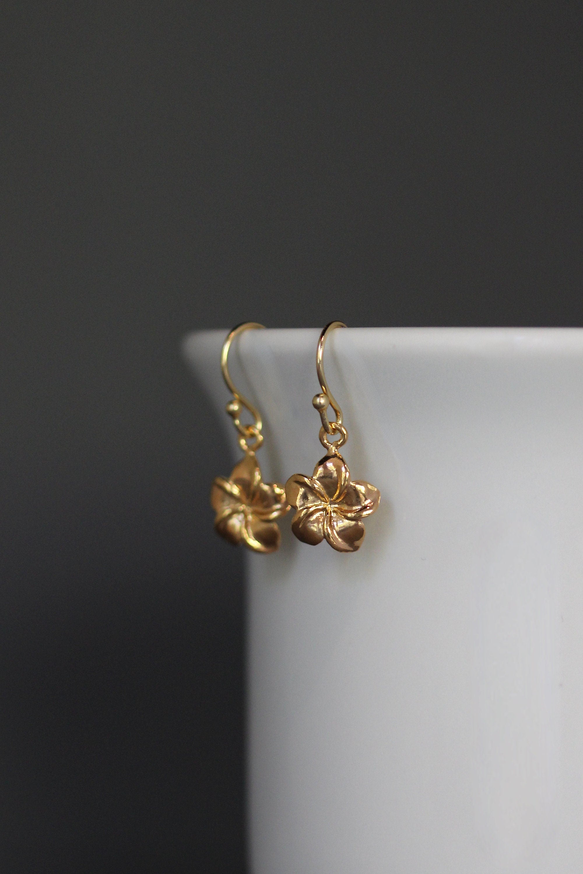 Gold Vermeil Plumeria Flower Charm Dangle Earrings