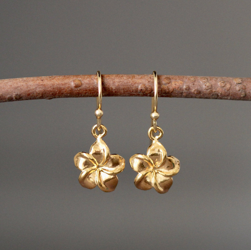 Gold Vermeil Plumeria Flower Charm Dangle Earrings