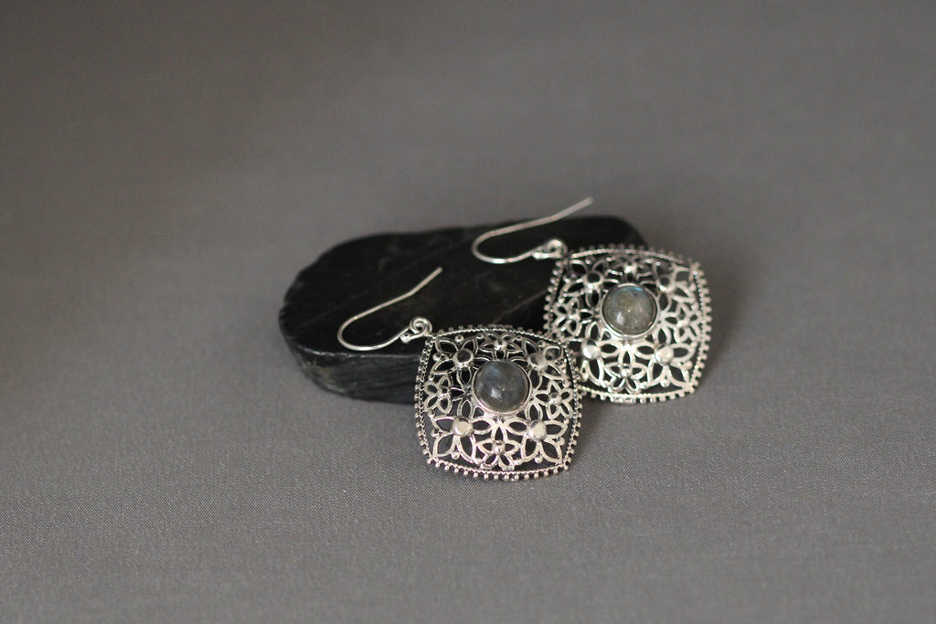 Labradorite and Sterling Silver Flower Dangle Earrings with Blue Flash Cabochons