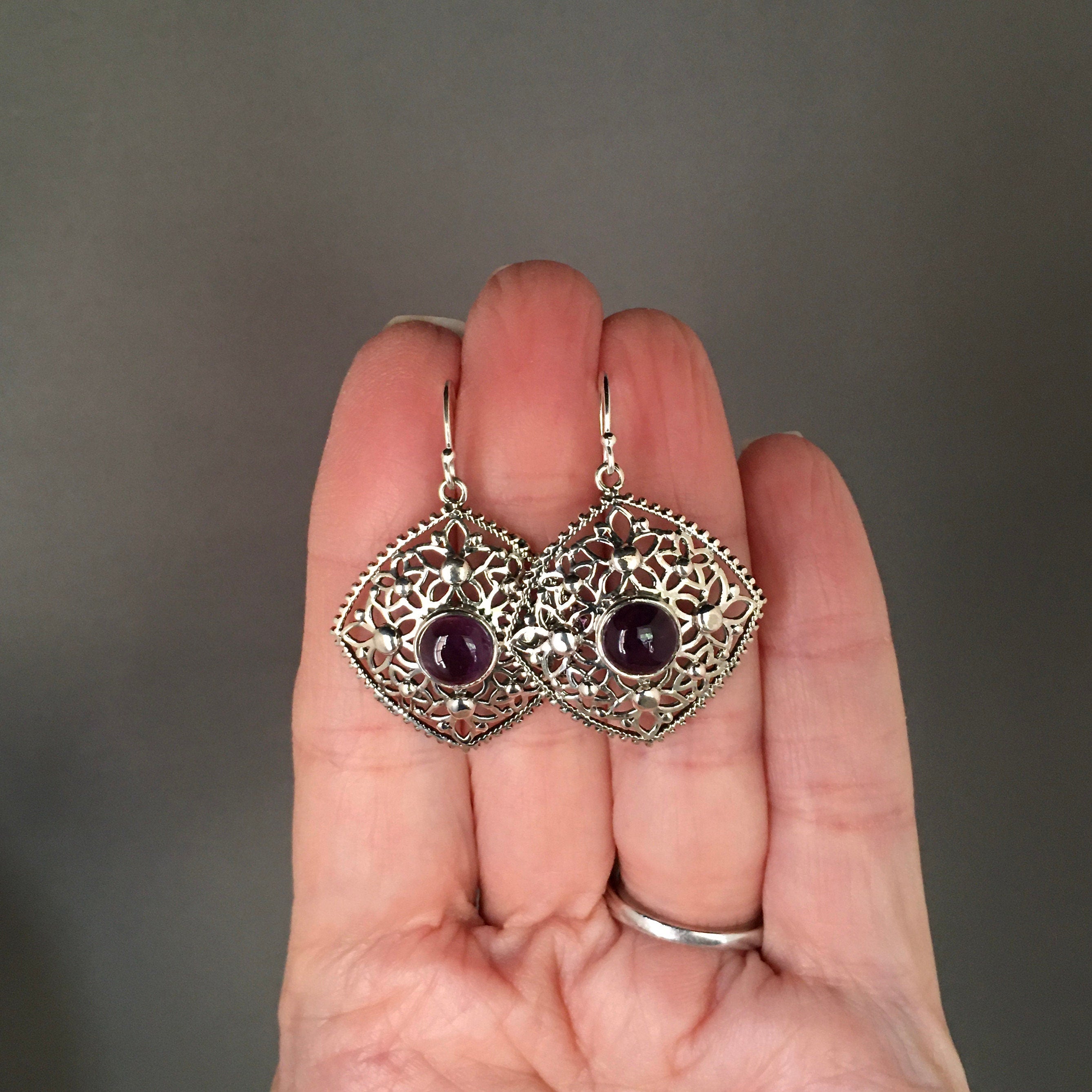 Amethyst and Sterling Silver Flower Charm Earrings