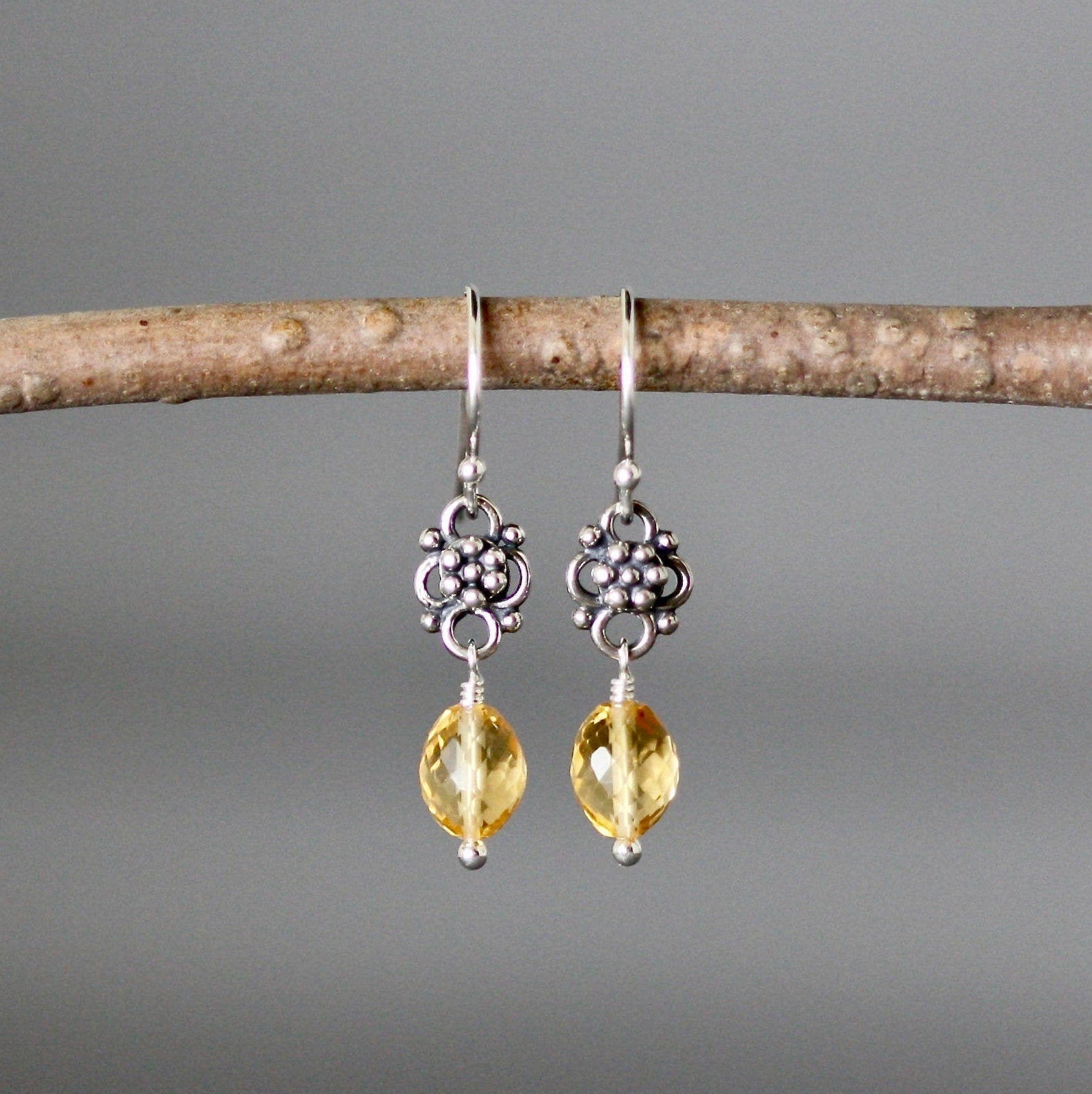 Citrine and Bali Sterling Silver Link Dangle Earrings