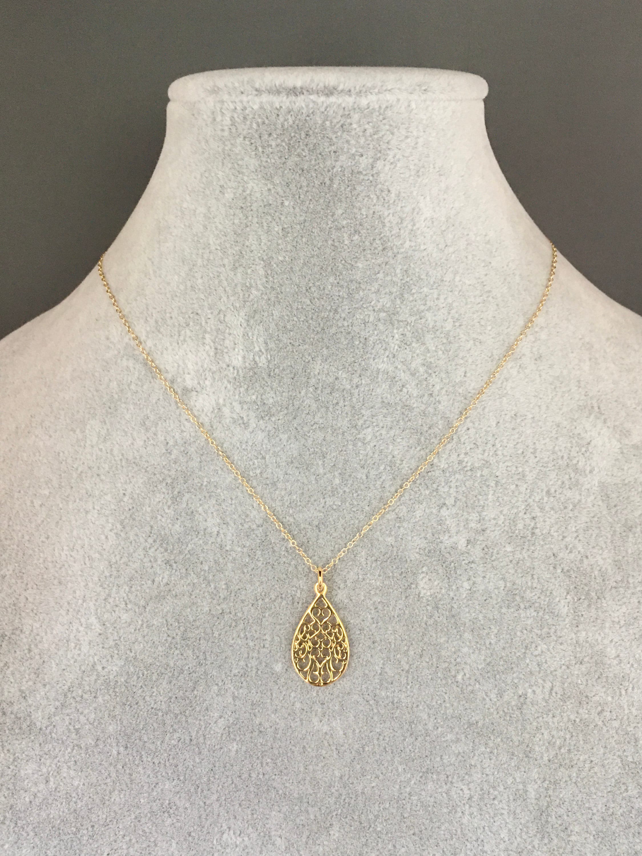 Gold Vermeil Filigree Teardrop Pendant Necklace