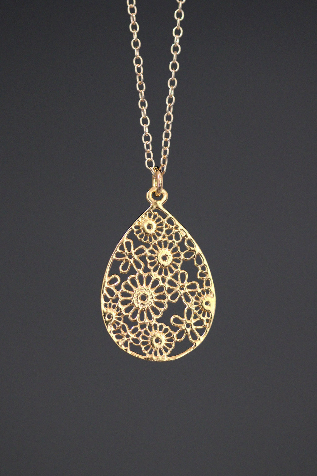 Gold Vermeil Filigree Teardrop Flower Pendant Necklace on a Gold Filled Chain
