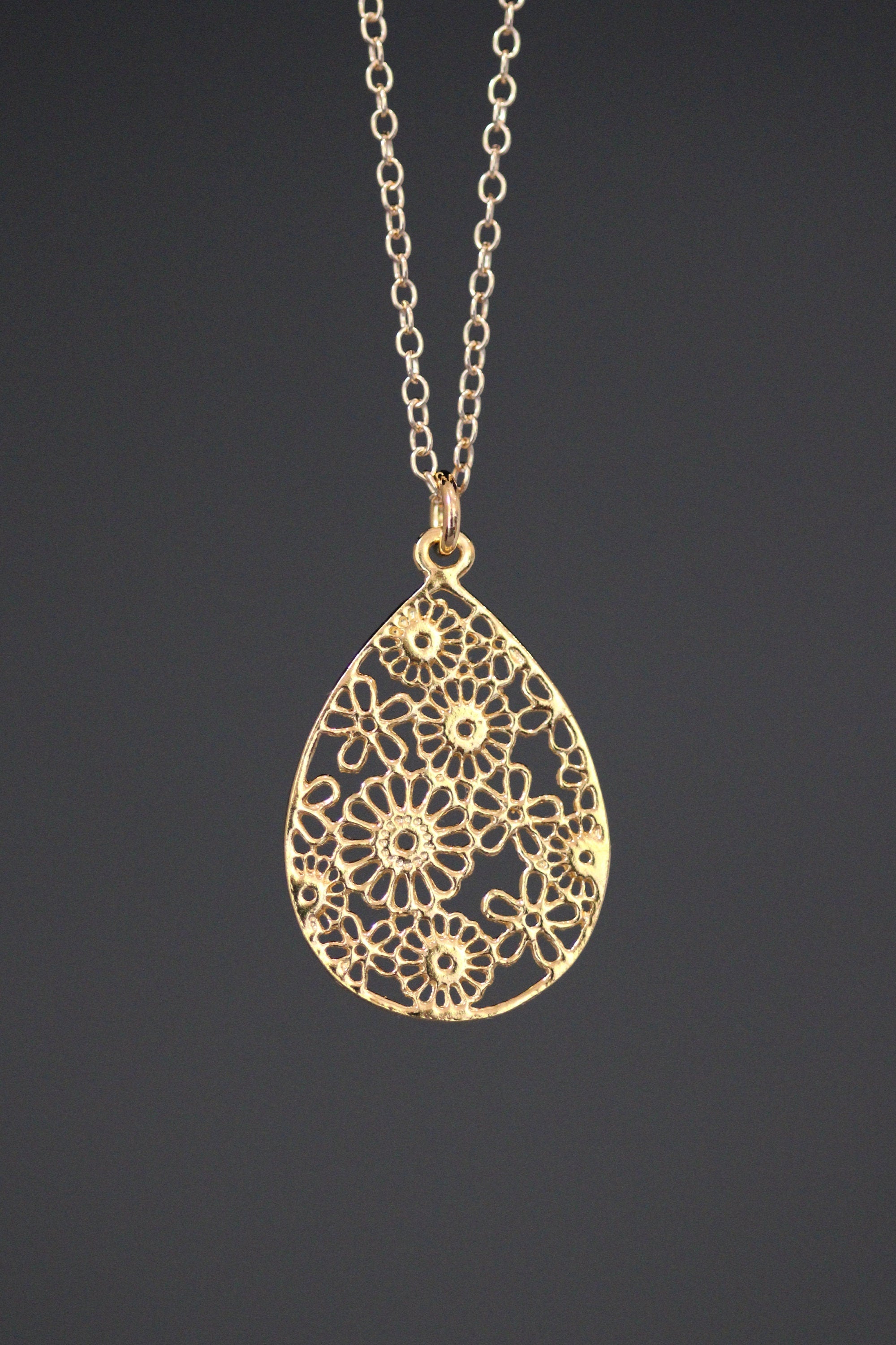Gold Vermeil Filigree Teardrop Flower Pendant Necklace on a Gold Filled Chain
