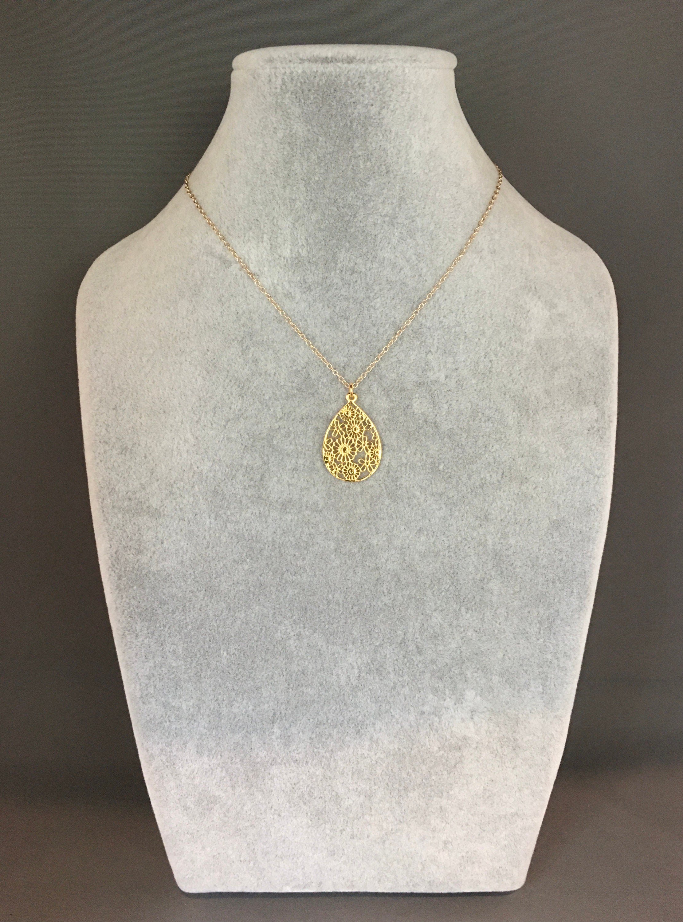 Gold Vermeil Filigree Teardrop Flower Pendant Necklace on a Gold Filled Chain