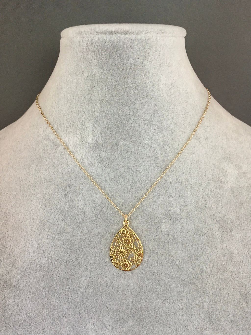 Gold Vermeil Filigree Teardrop Flower Pendant Necklace on a Gold Filled Chain
