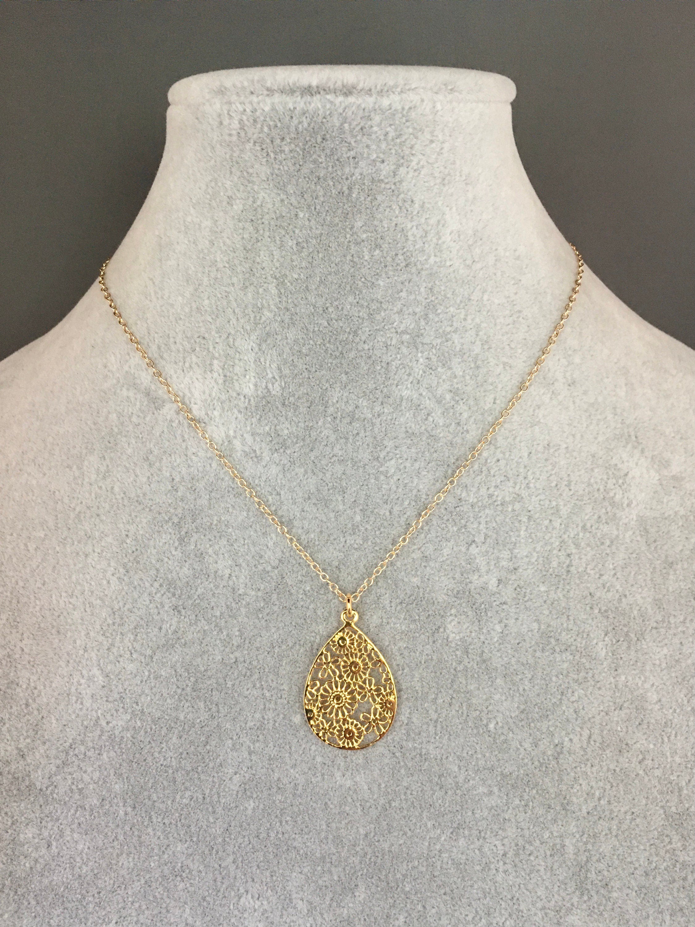 Gold Vermeil Filigree Teardrop Flower Pendant Necklace on a Gold Filled Chain