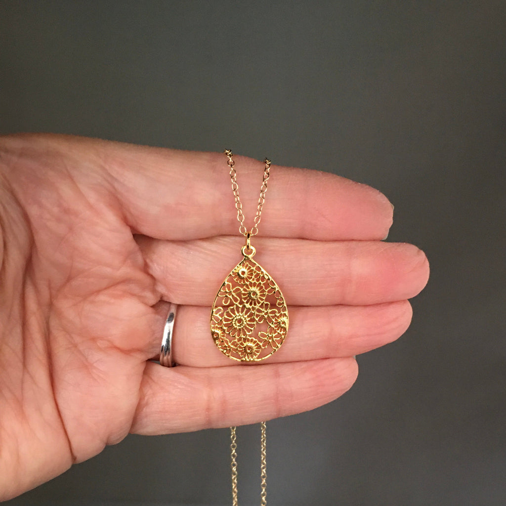 Gold Vermeil Filigree Teardrop Flower Pendant Necklace on a Gold Filled Chain