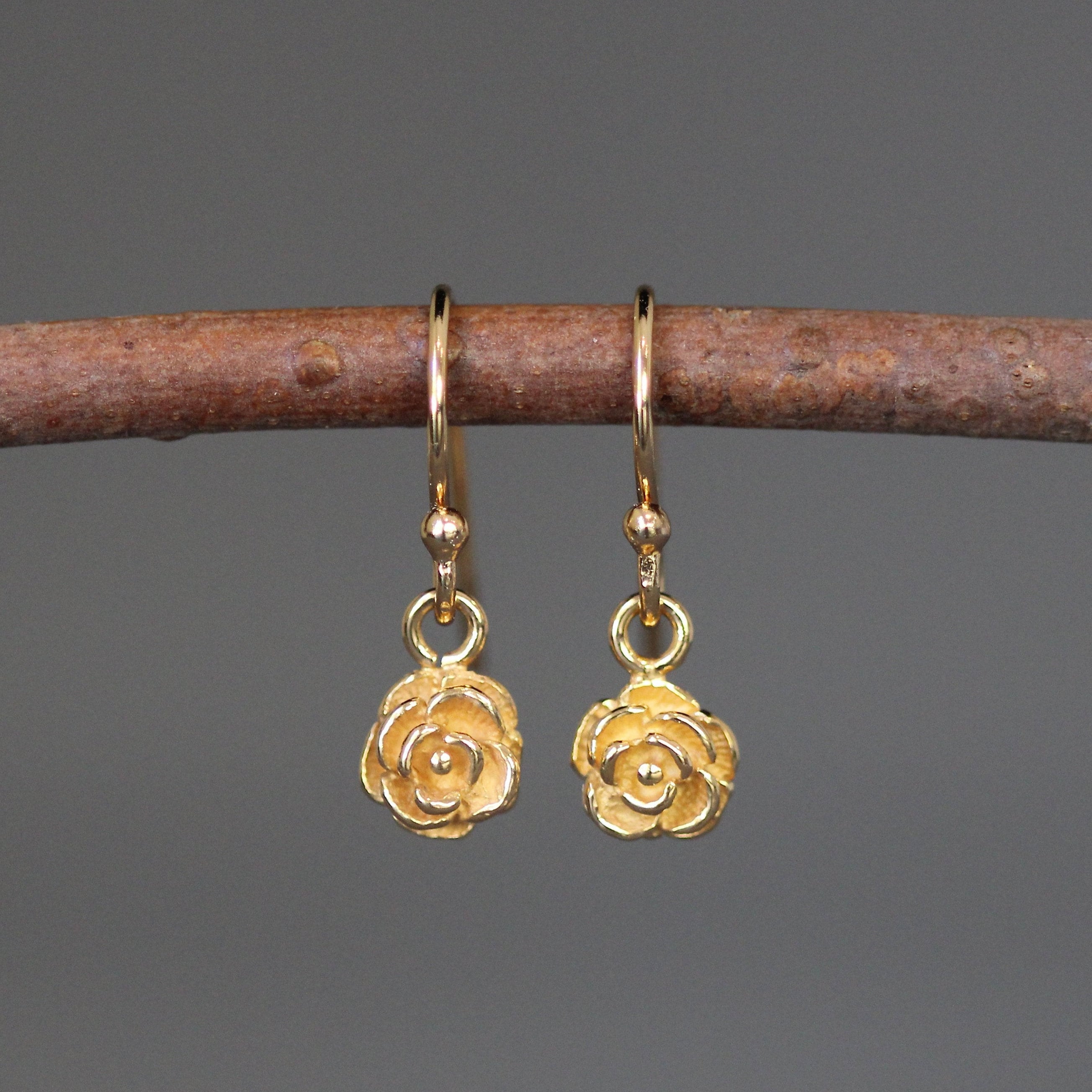 Gold Vermeil Rosebud Flower Dangle Earrings