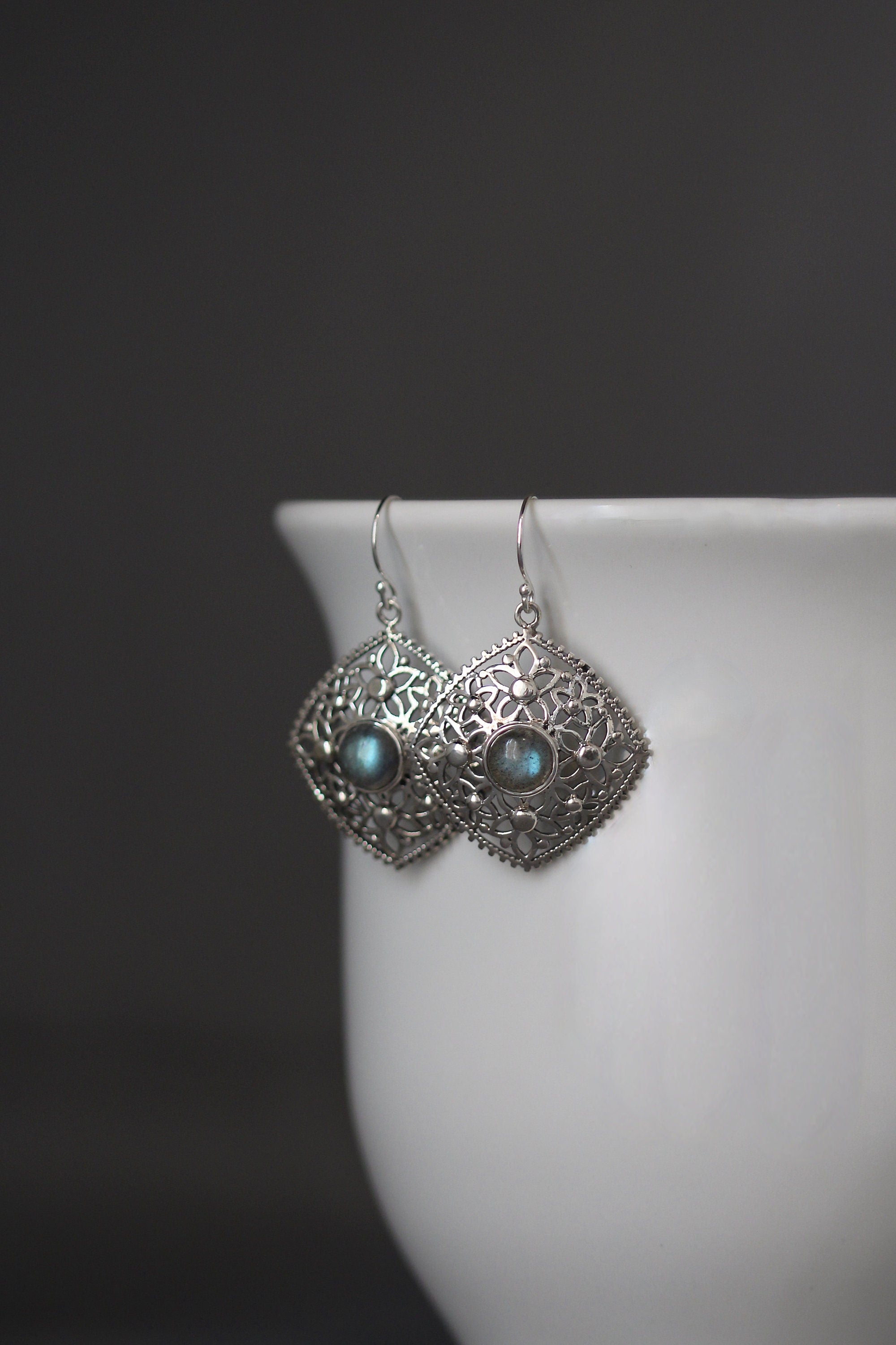 Labradorite and Sterling Silver Flower Dangle Earrings with Blue Flash Cabochons