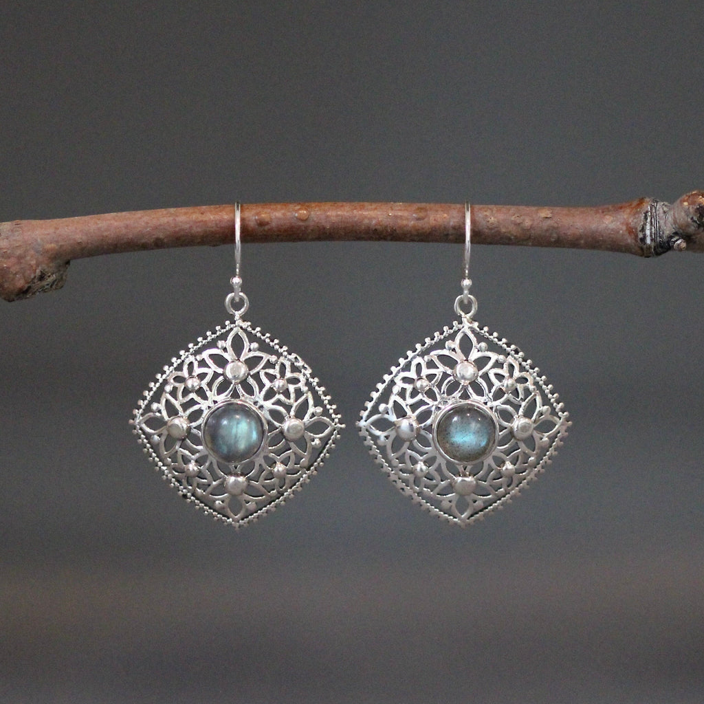 Labradorite and Sterling Silver Flower Dangle Earrings with Blue Flash Cabochons
