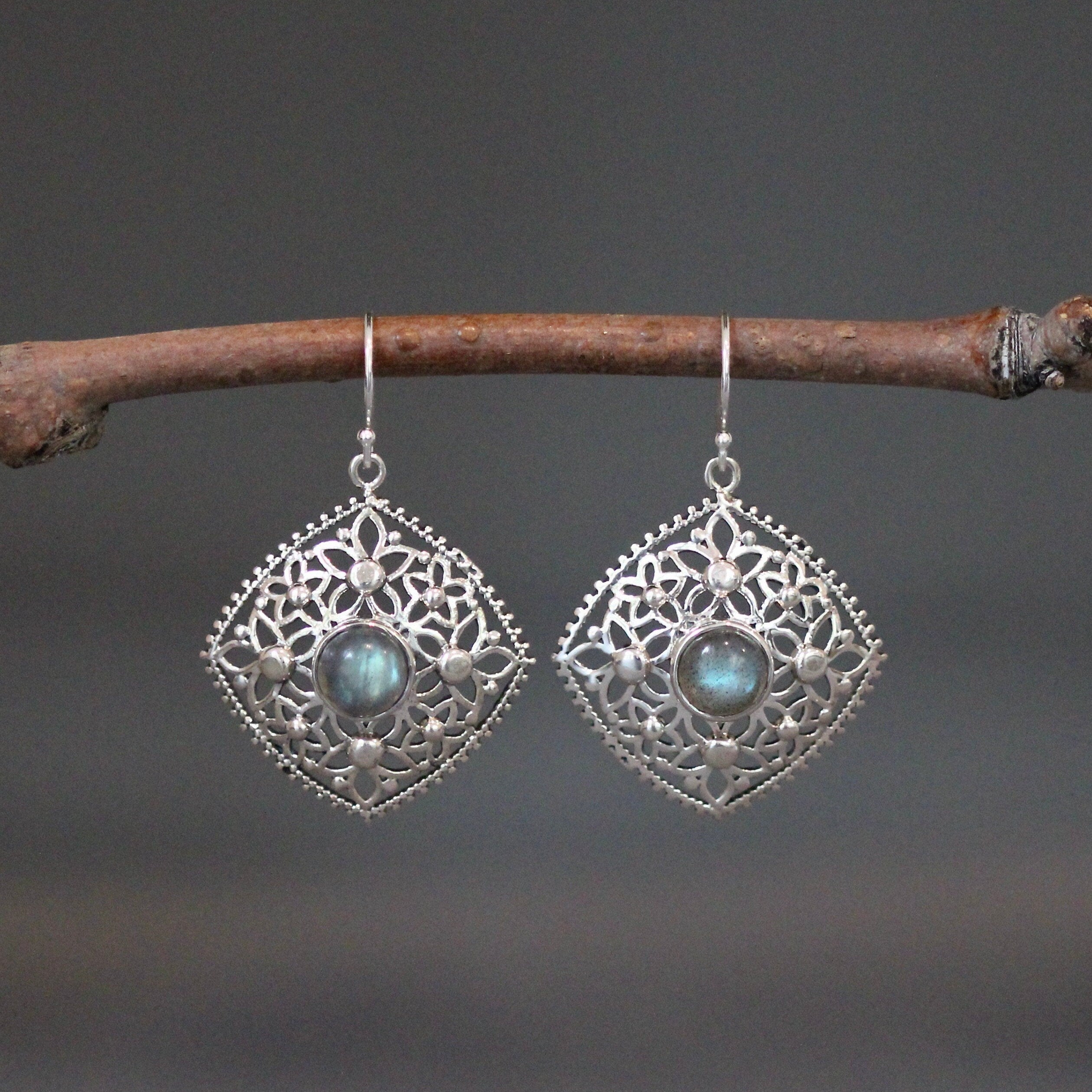 Labradorite and Sterling Silver Flower Dangle Earrings with Blue Flash Cabochons