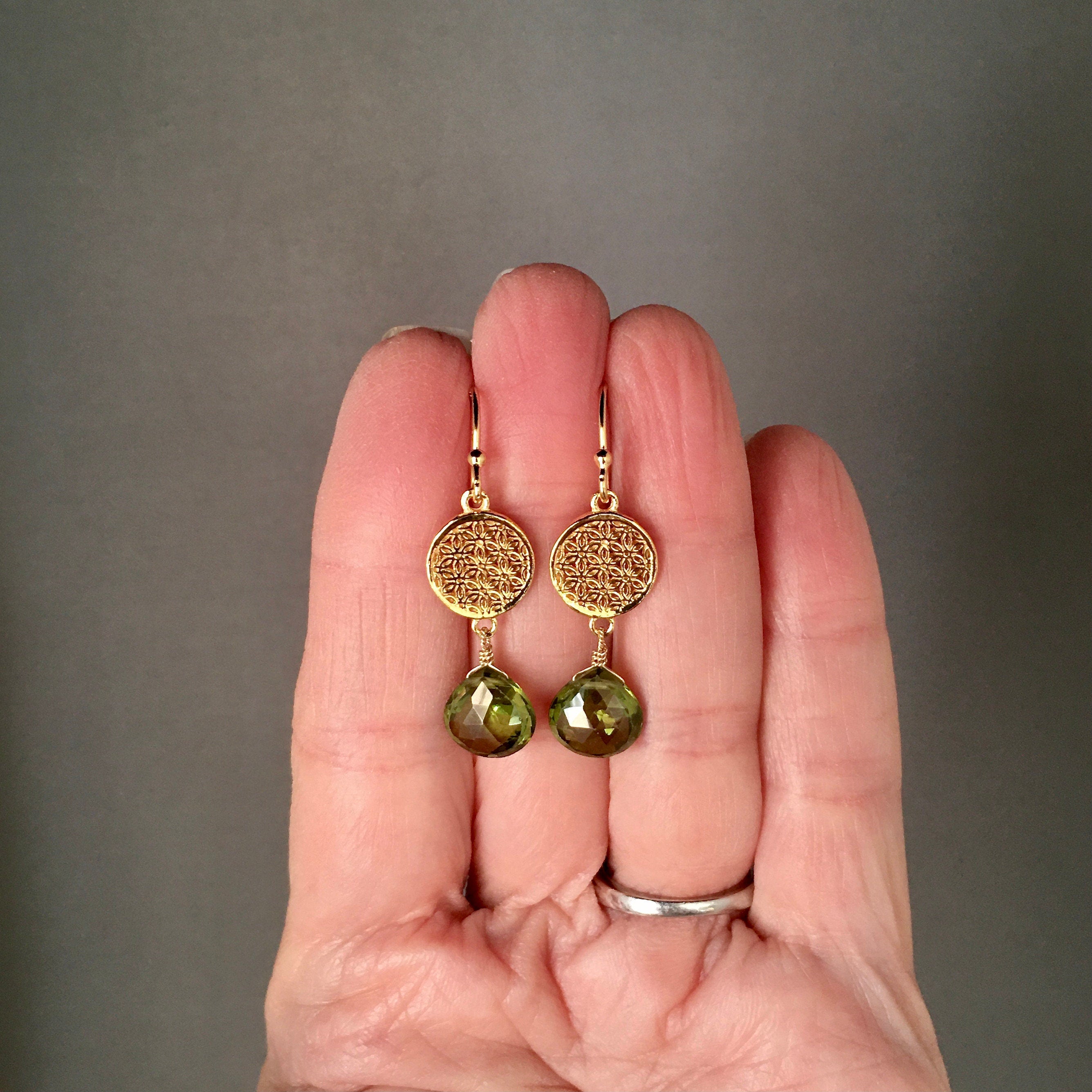 Peridot Quartz Chandelier Earrings with Gold Vermeil Flower Links