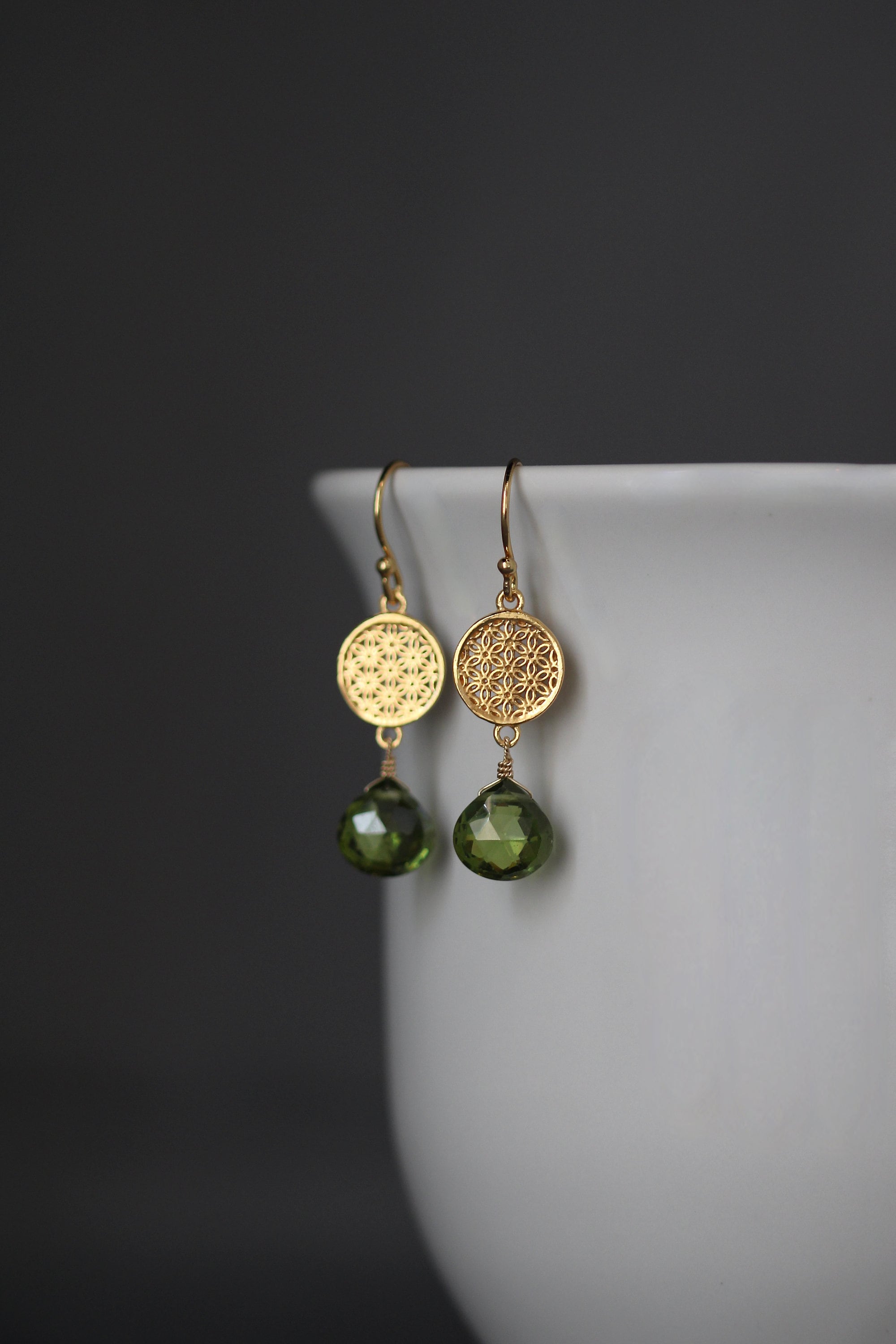 Peridot Quartz Chandelier Earrings with Gold Vermeil Flower Links