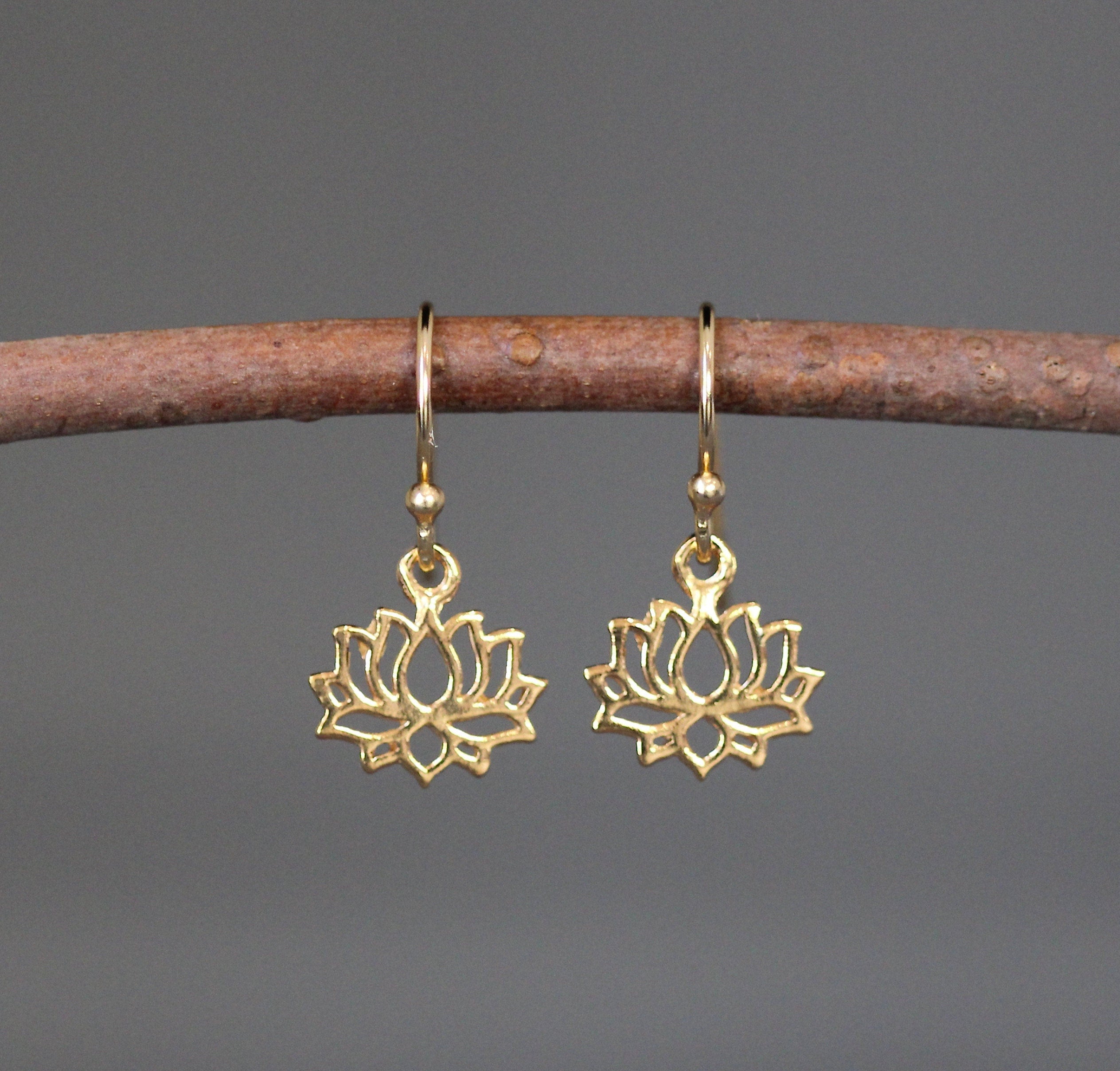 Gold Vermeil Lotus Flower Charm Dangle Earrings