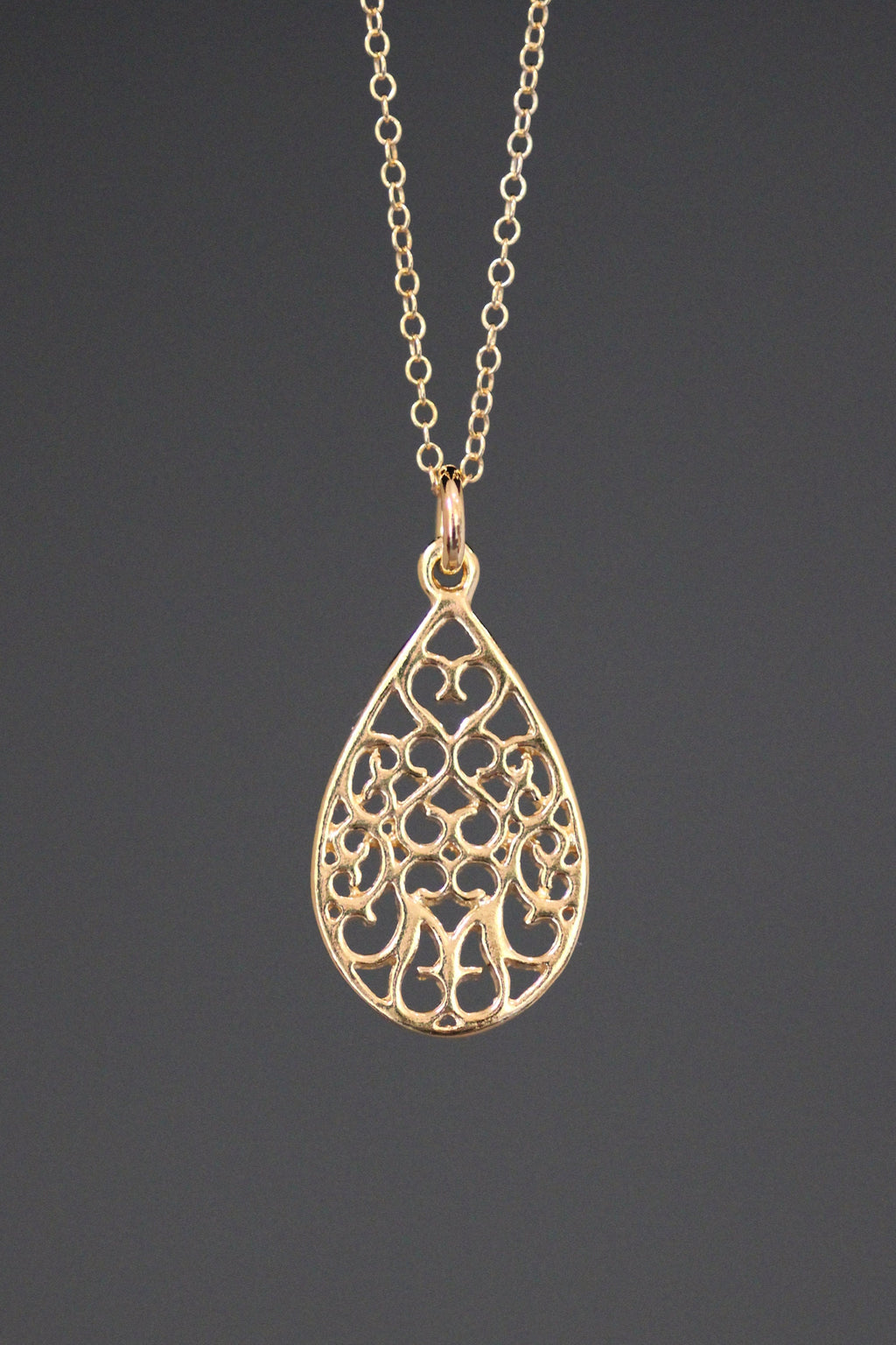 Gold Vermeil Filigree Teardrop Pendant Necklace
