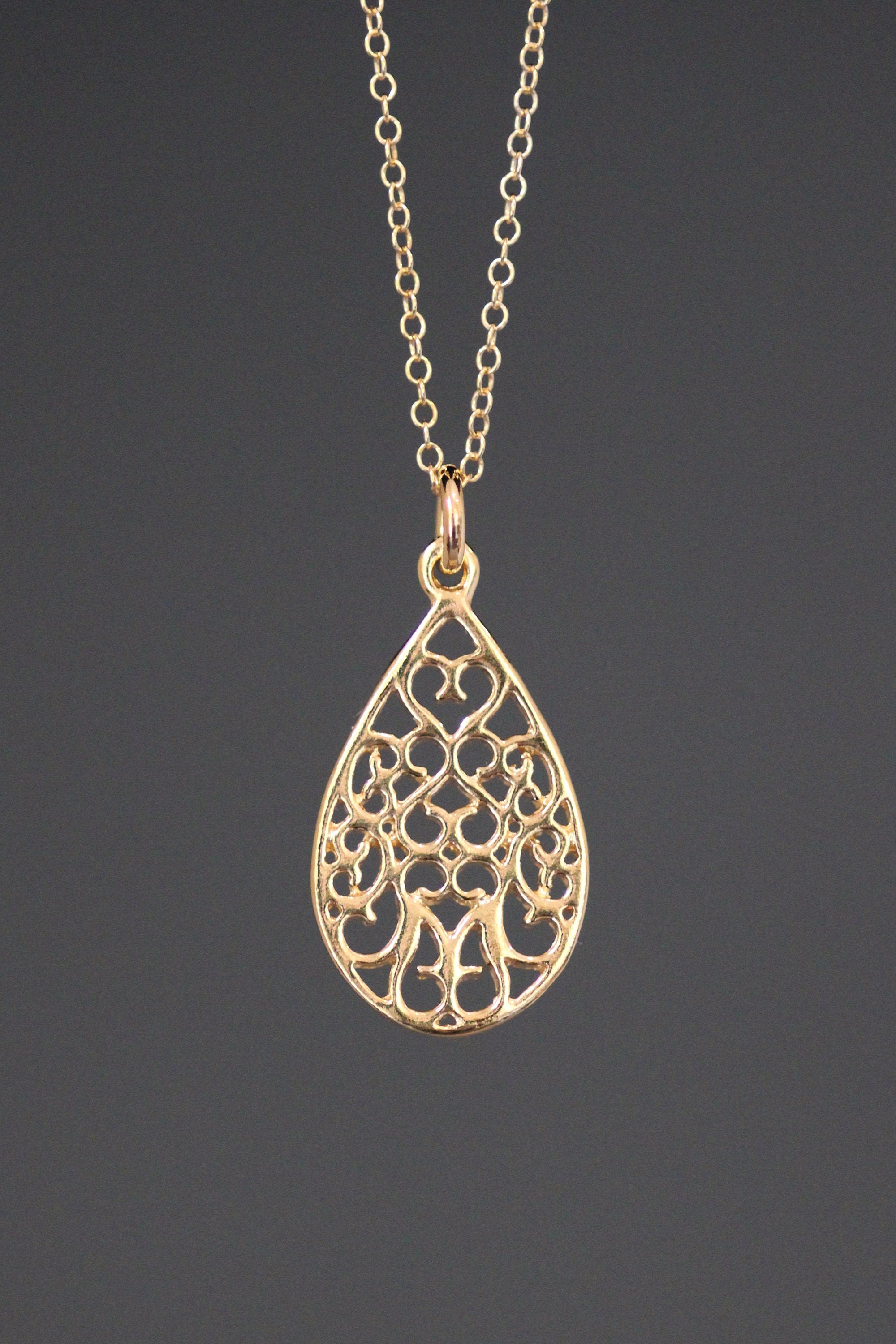 Gold Vermeil Filigree Teardrop Pendant Necklace