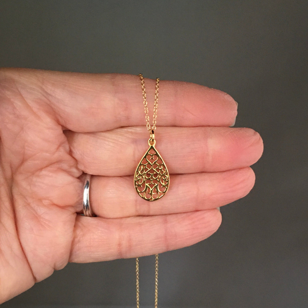 Gold Vermeil Filigree Teardrop Pendant Necklace