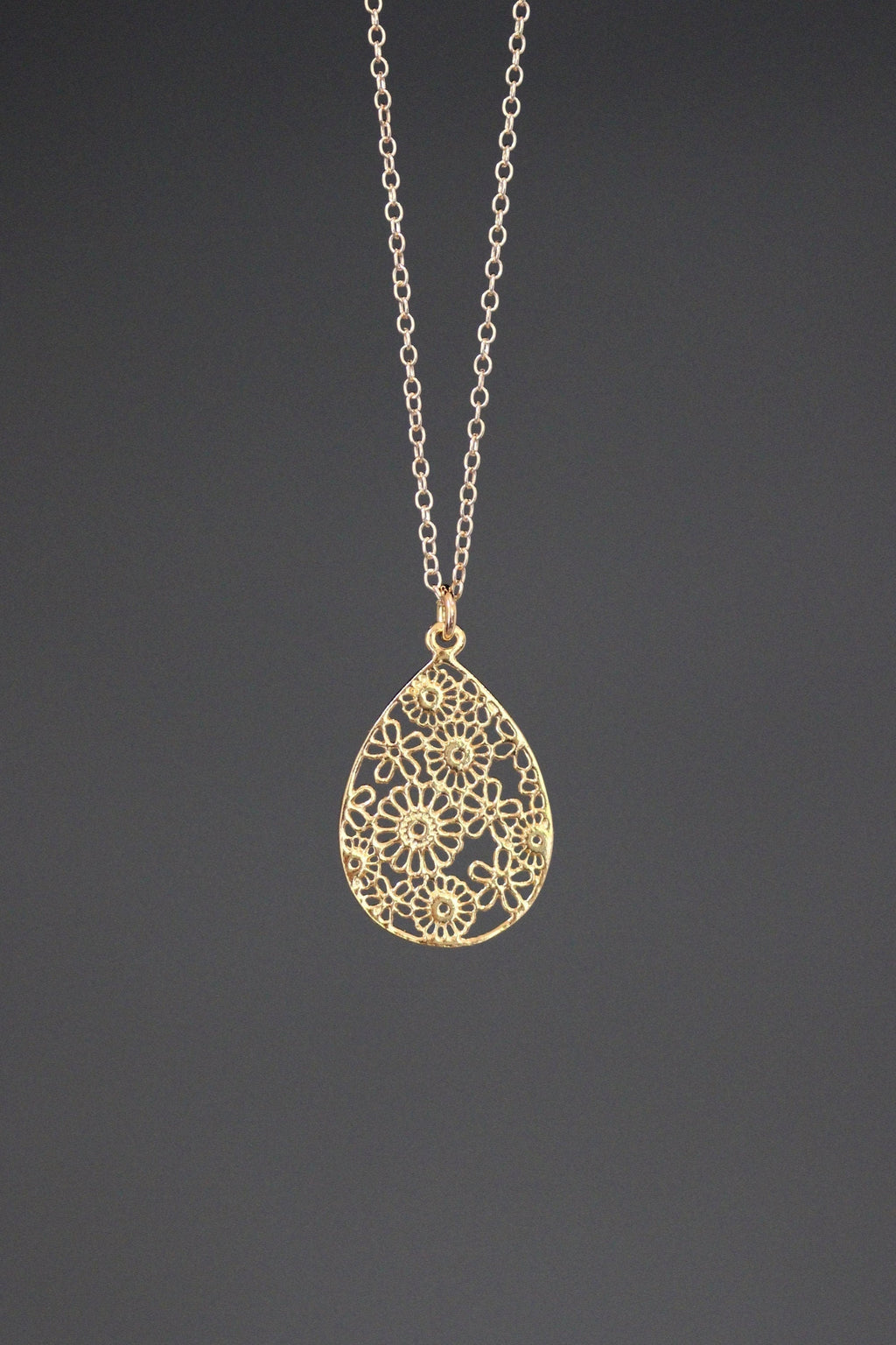 Gold Vermeil Filigree Teardrop Flower Pendant Necklace on a Gold Filled Chain