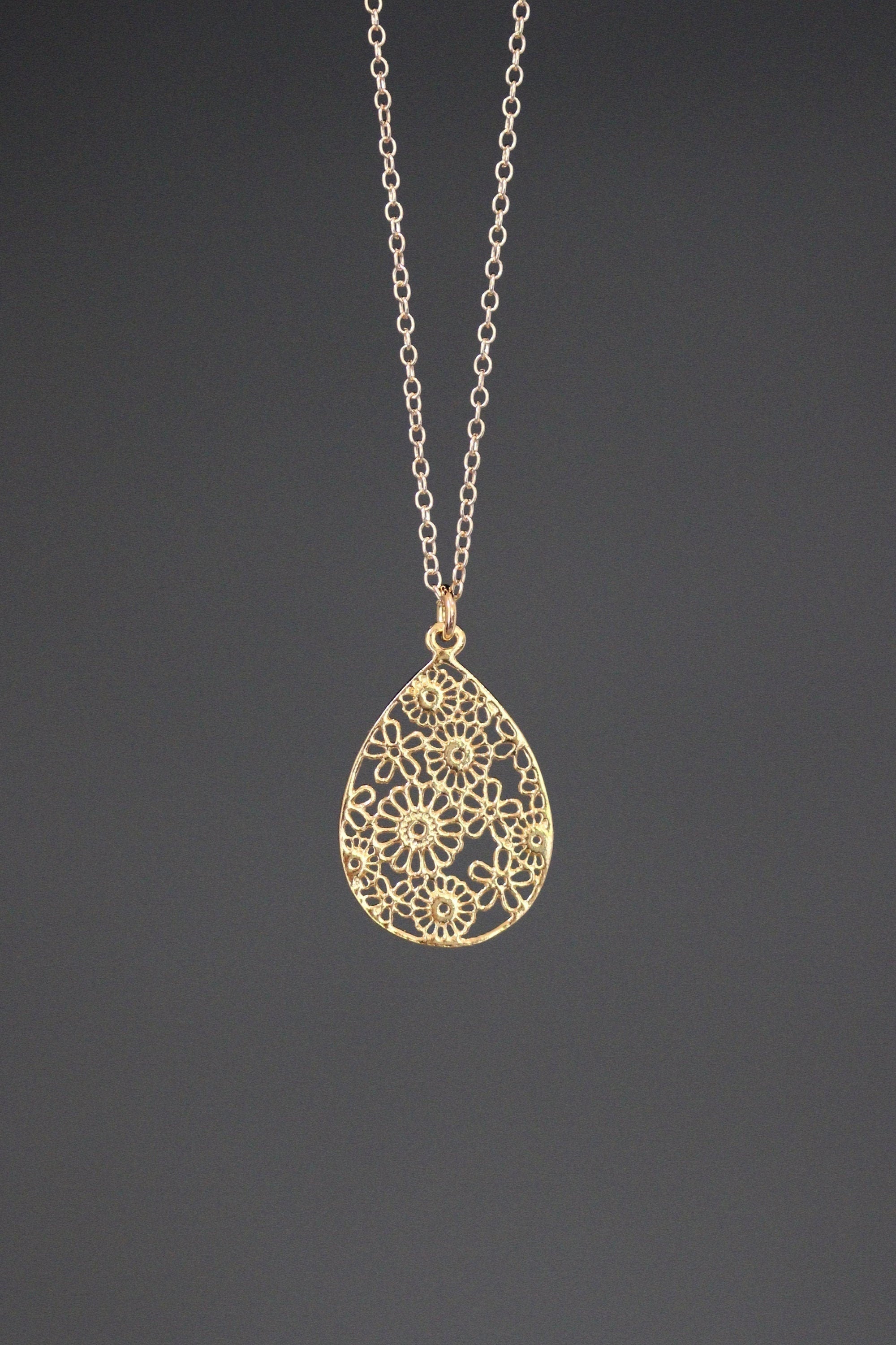 Gold Vermeil Filigree Teardrop Flower Pendant Necklace on a Gold Filled Chain