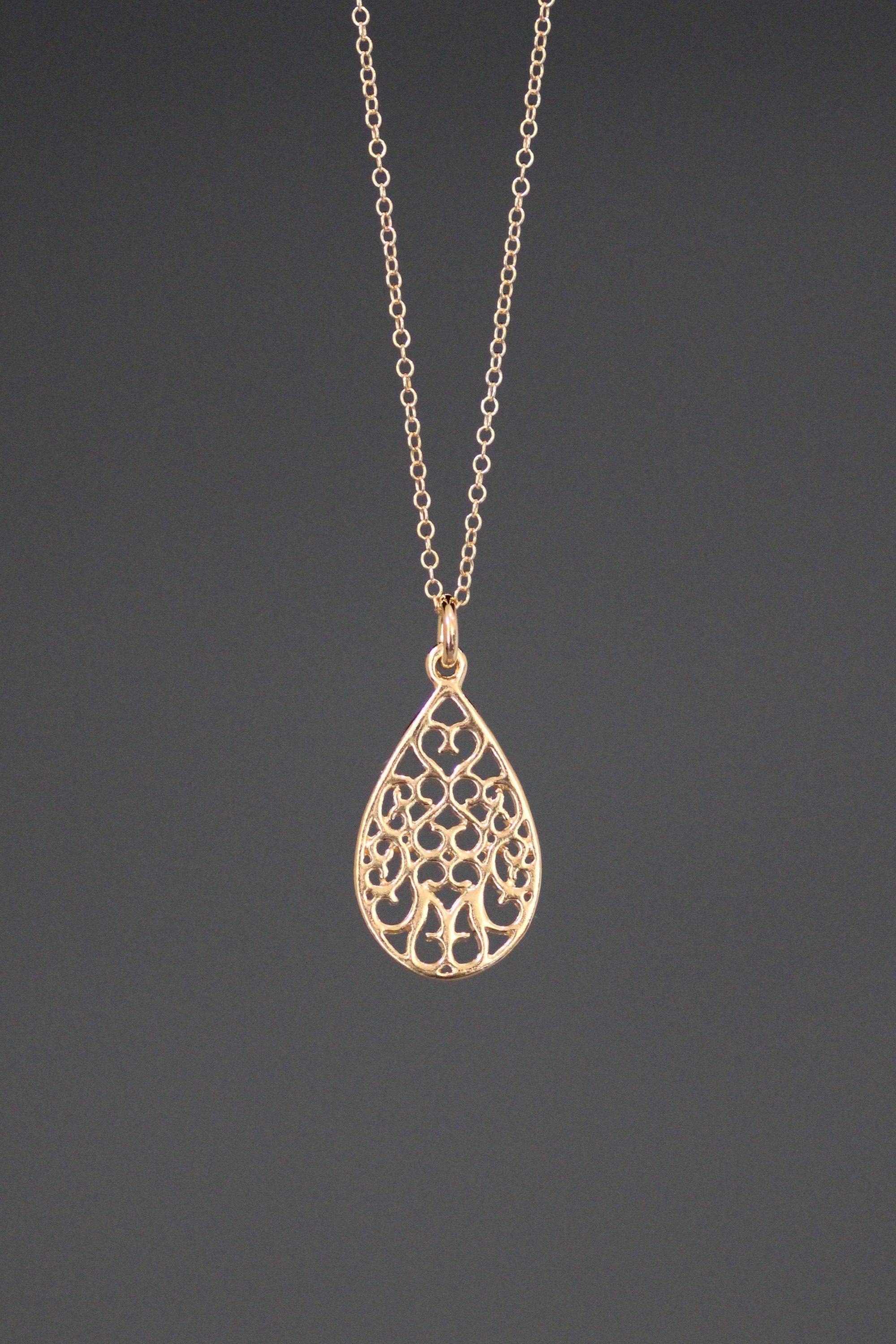 Gold Vermeil Filigree Teardrop Pendant Necklace