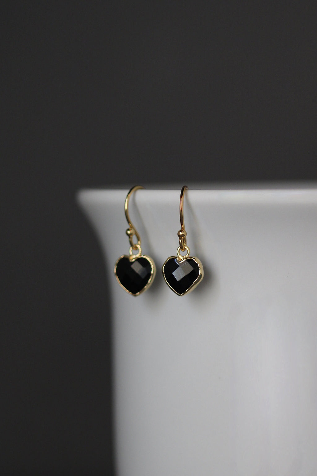 Black Onyx Heart Charm Earrings in Gold Vermeil Bezels