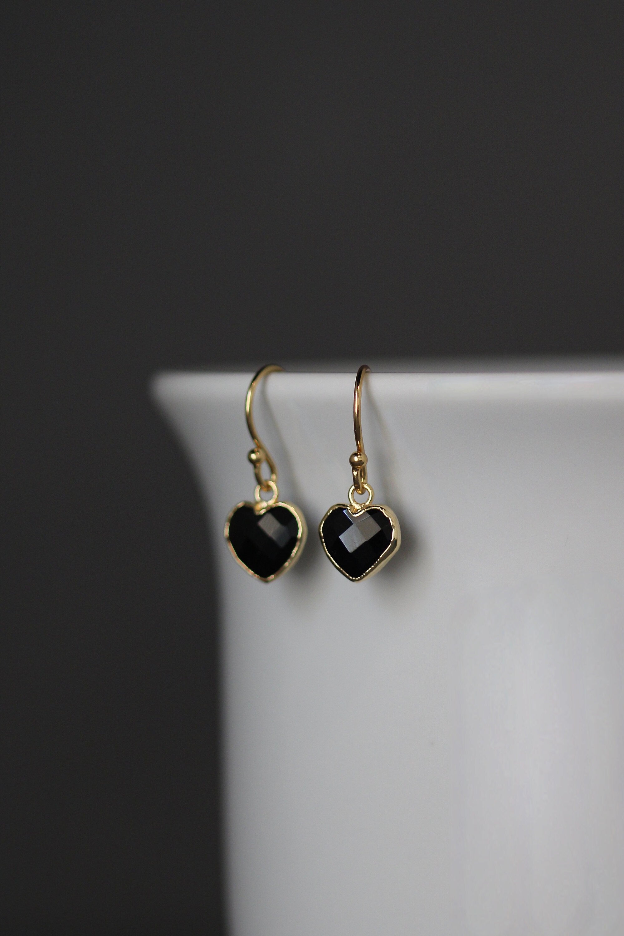 Black Onyx Heart Charm Earrings in Gold Vermeil Bezels