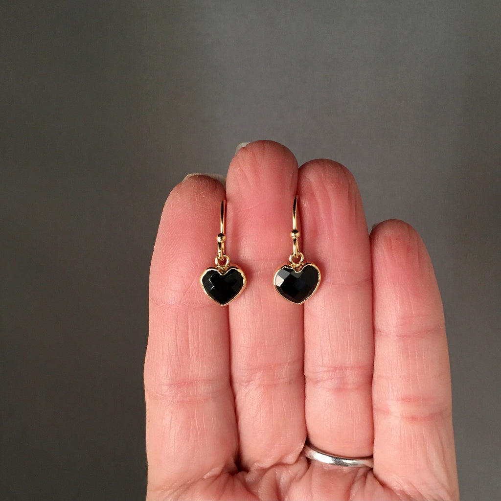 Black Onyx Heart Charm Earrings in Gold Vermeil Bezels