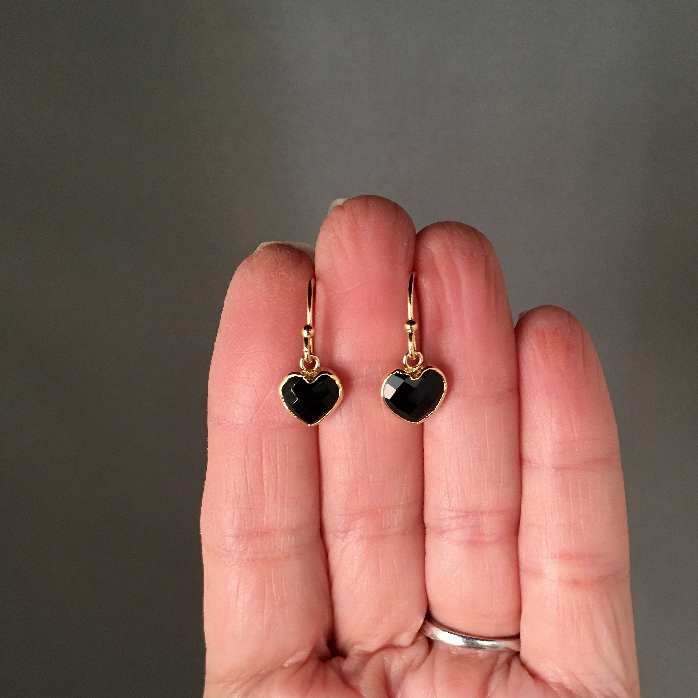 Black Onyx Heart Charm Earrings in Gold Vermeil Bezels