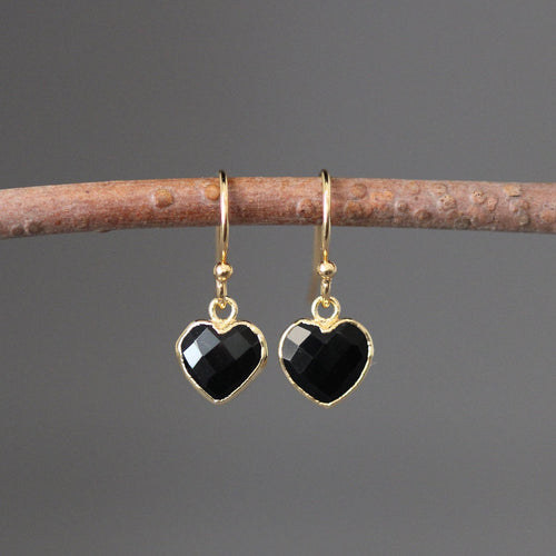 Black Onyx Heart Charm Earrings in Gold Vermeil Bezels