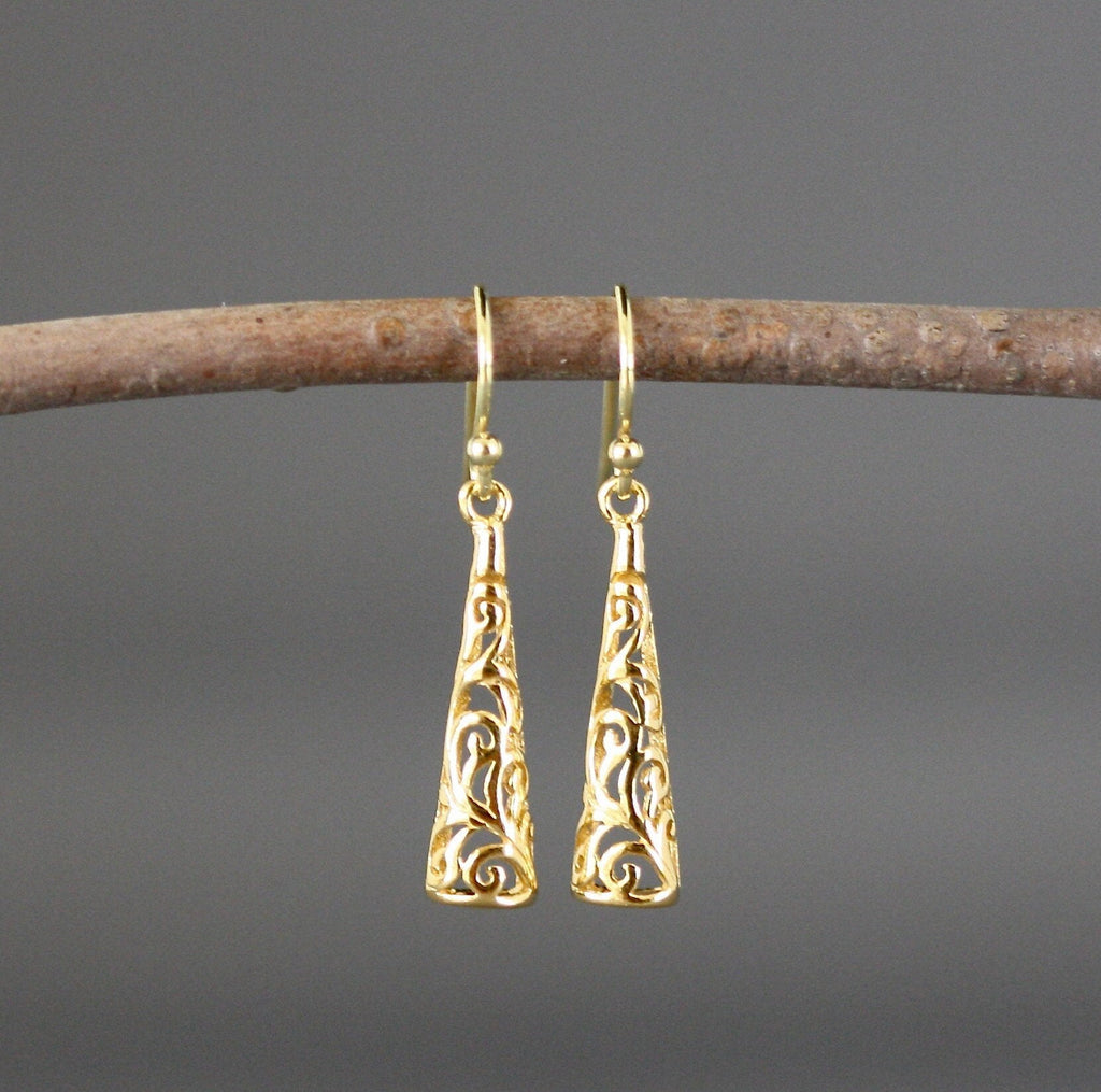 Long Shiny Sterling Silver Filigree Drop Earrings