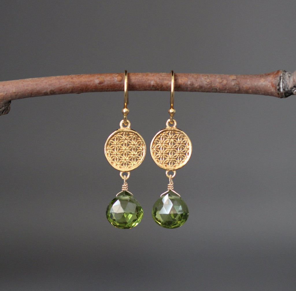 Peridot Quartz Chandelier Earrings with Gold Vermeil Flower Links
