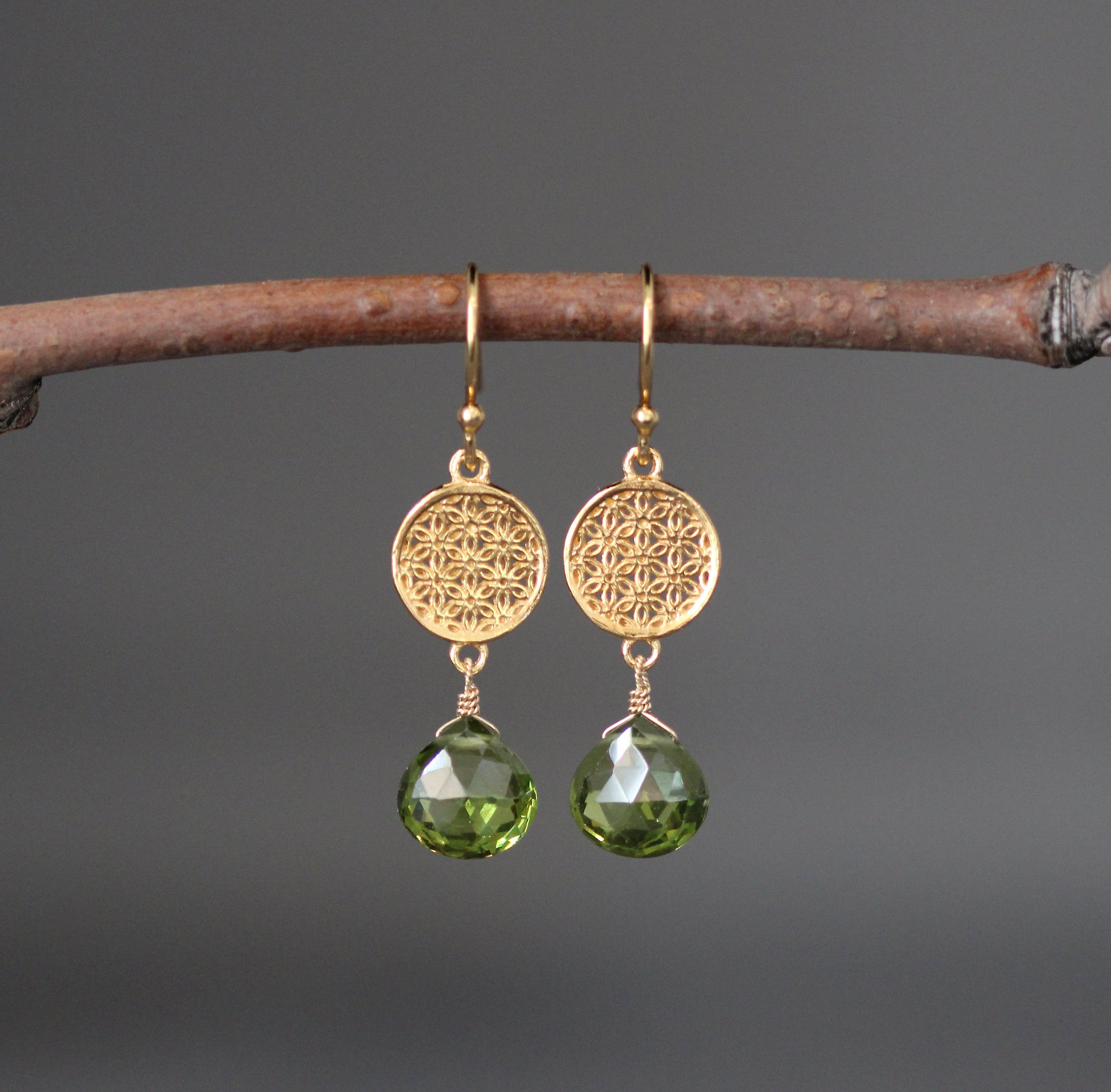Peridot Quartz Chandelier Earrings with Gold Vermeil Flower Links