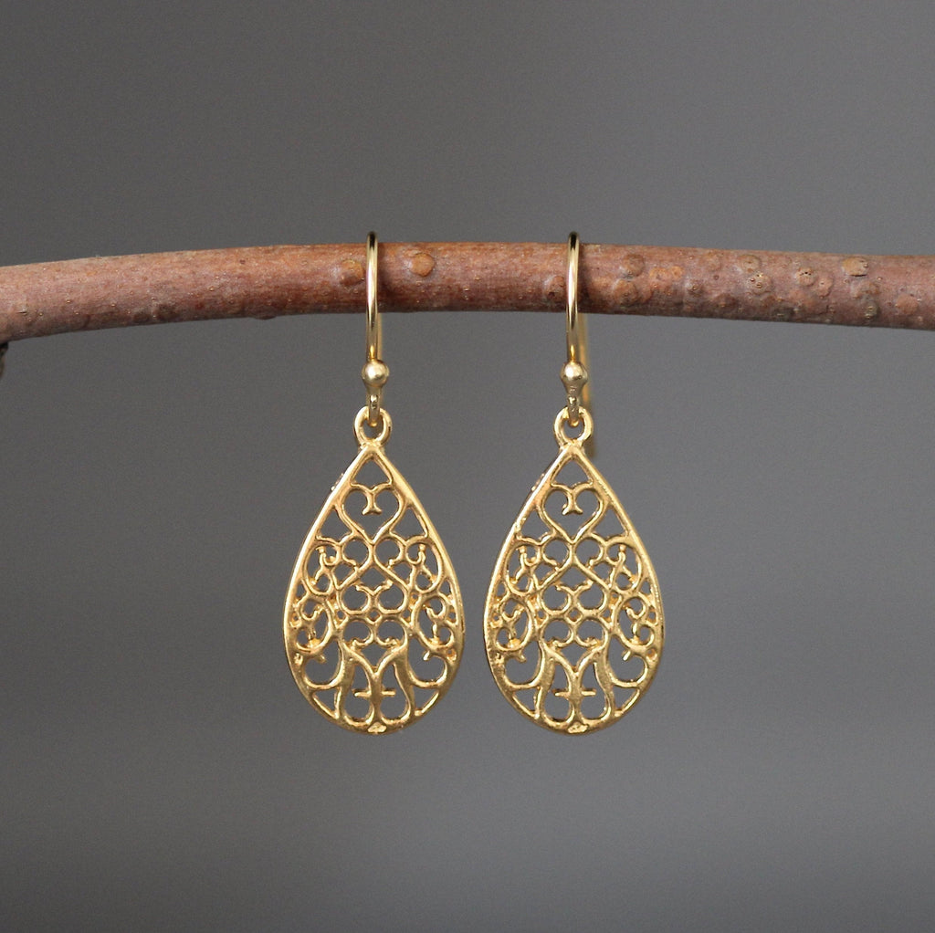 Gold Vermeil Filigree Teardrop Dangle Earrings
