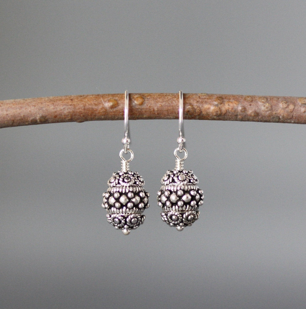 Triple Bali Sterling Silver Bead Dangle Earrings