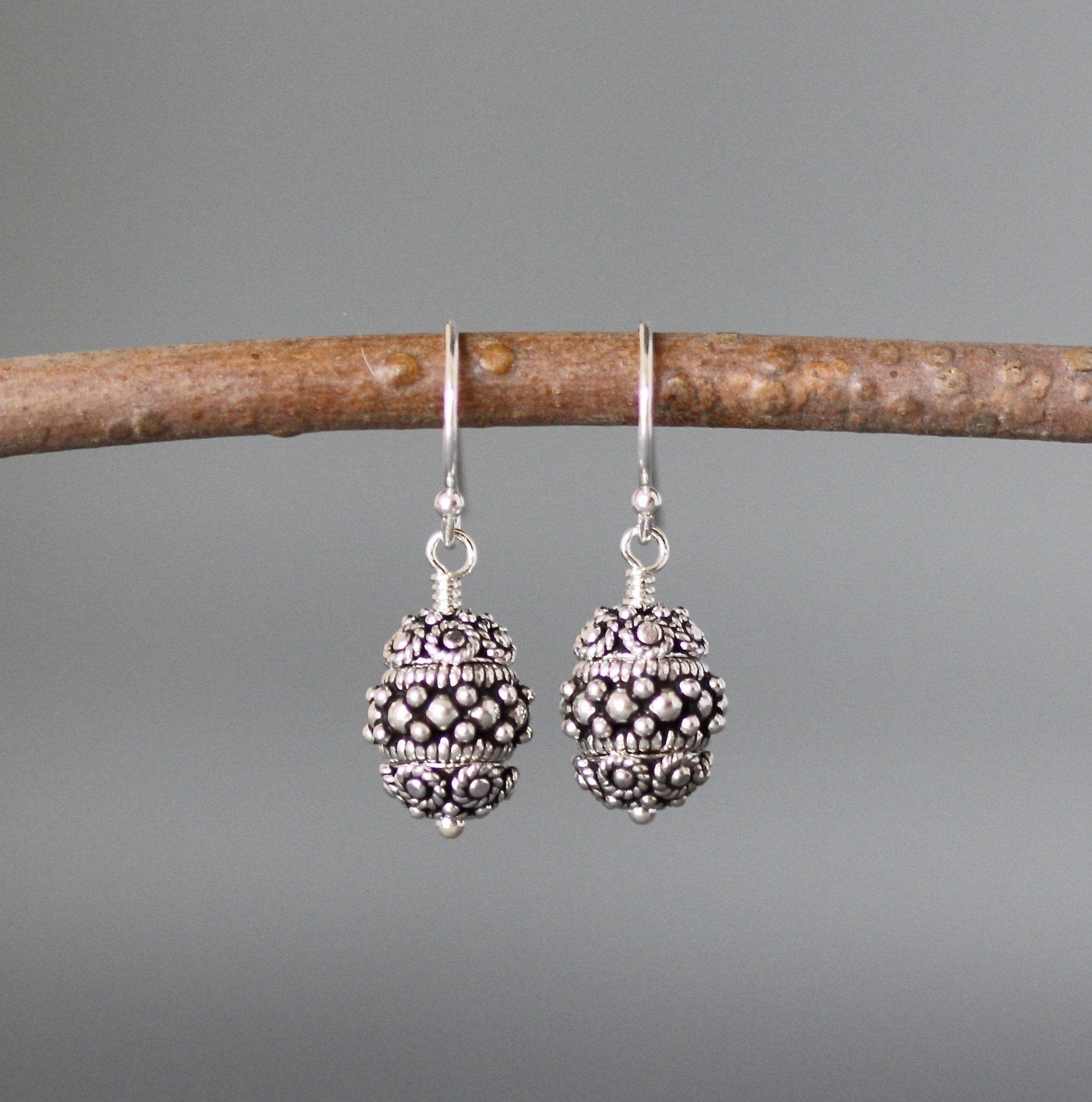 Triple Bali Sterling Silver Bead Dangle Earrings
