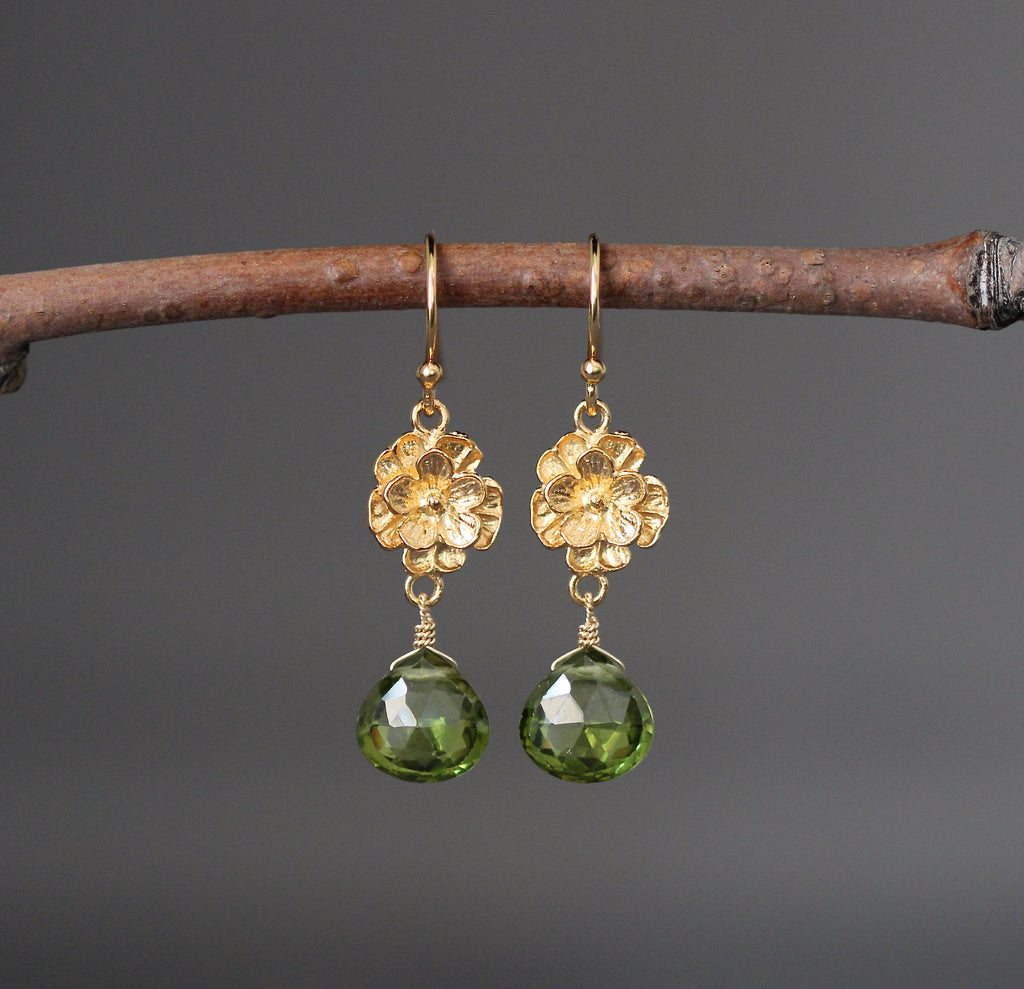 Peridot Quartz Teardrop Dangle Earrings on Gold Vermeil Flower Links