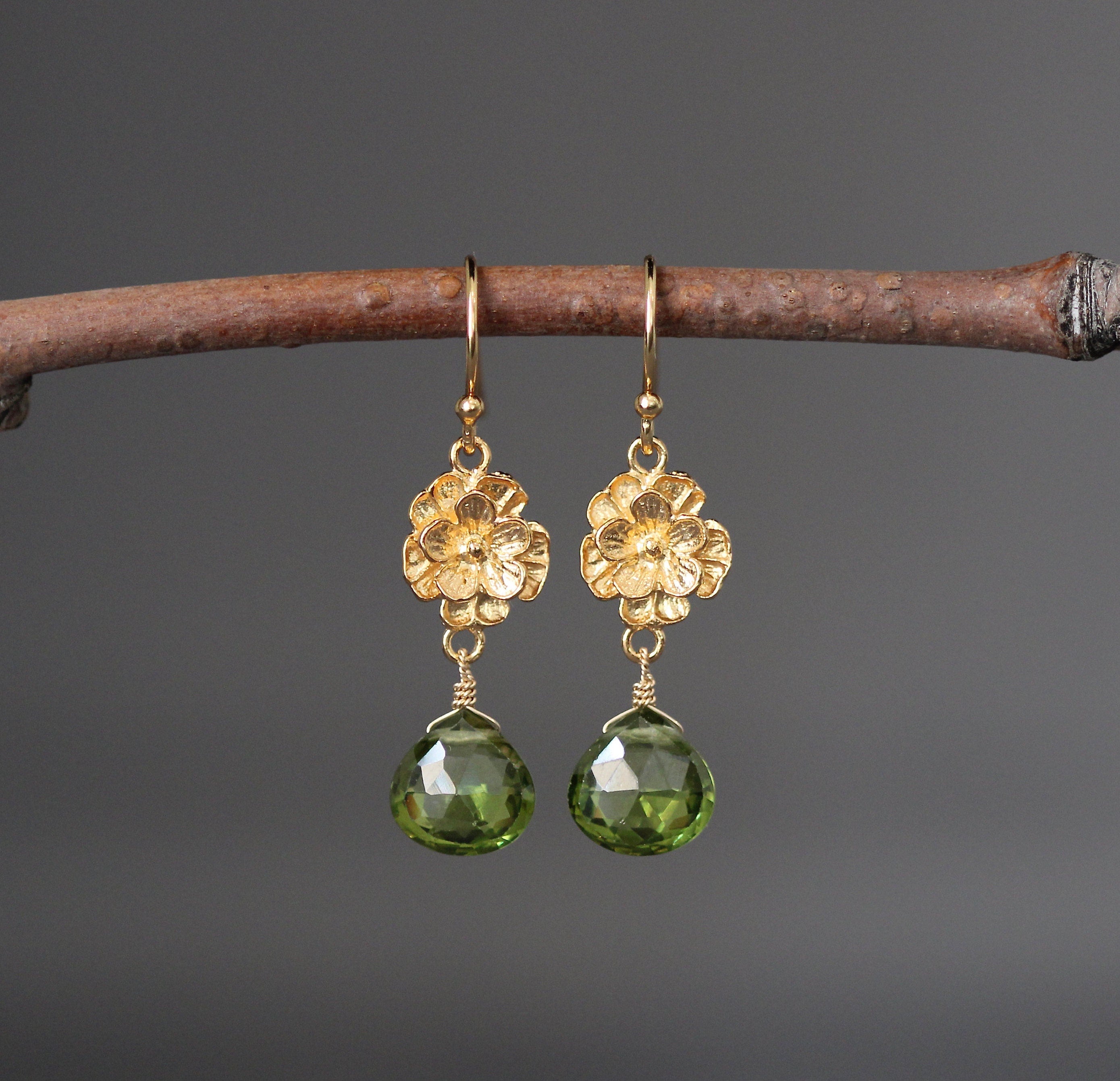 Peridot Quartz Teardrop Dangle Earrings on Gold Vermeil Flower Links