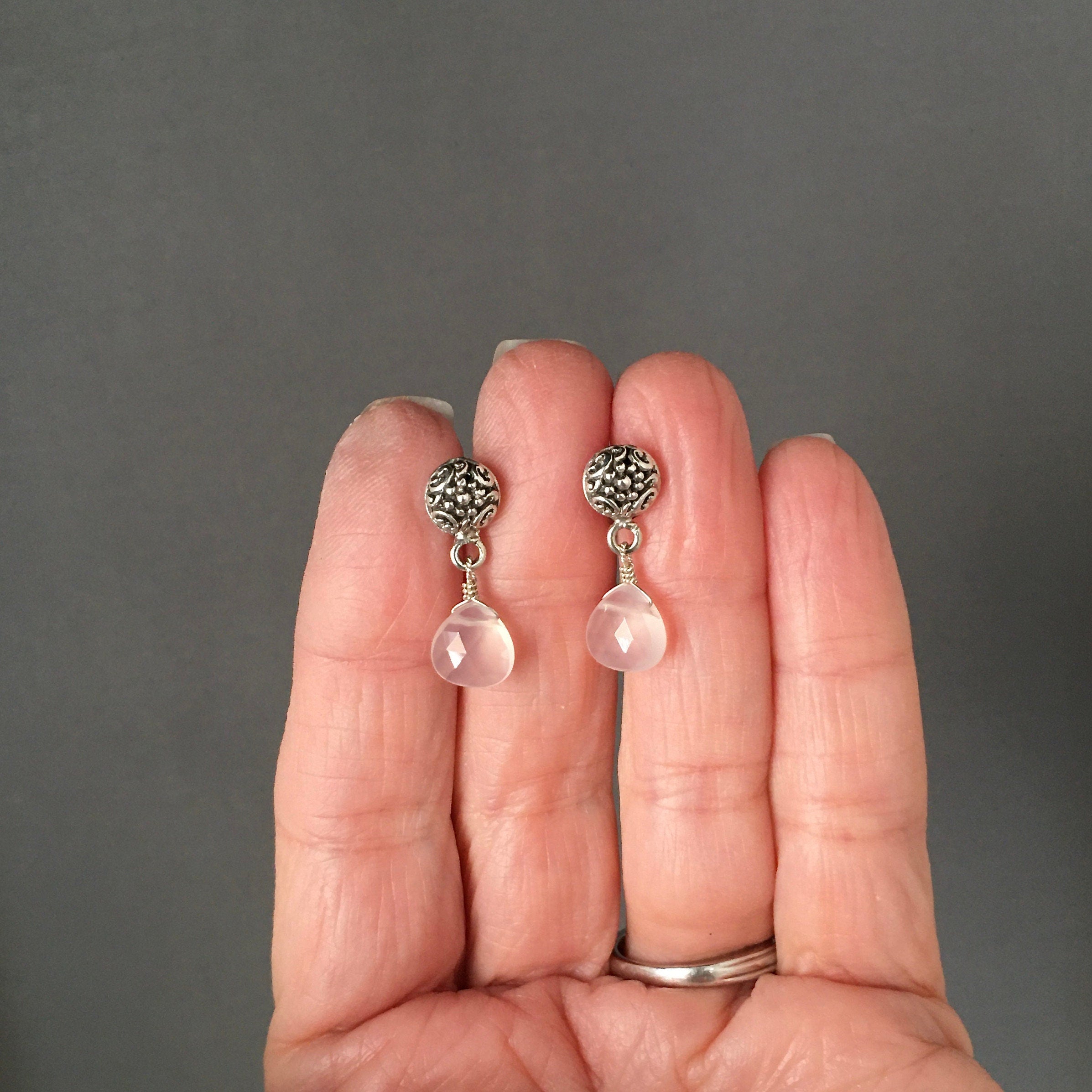 Pink Chalcedony Teardrop Earrings on Bali Sterling Silver Posts