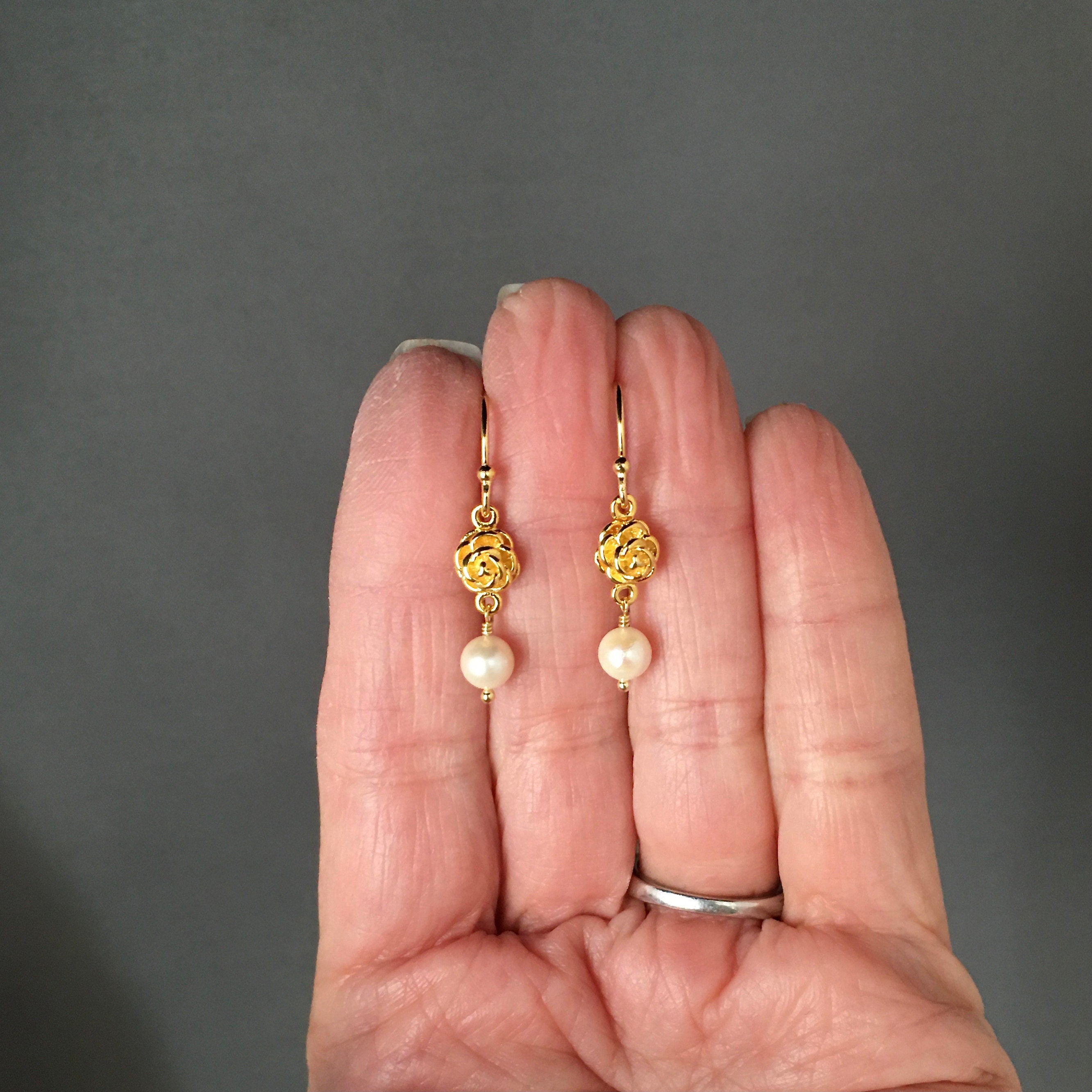 Akoya Pearl and Gold Vermeil Rosebud Dangle Earrings
