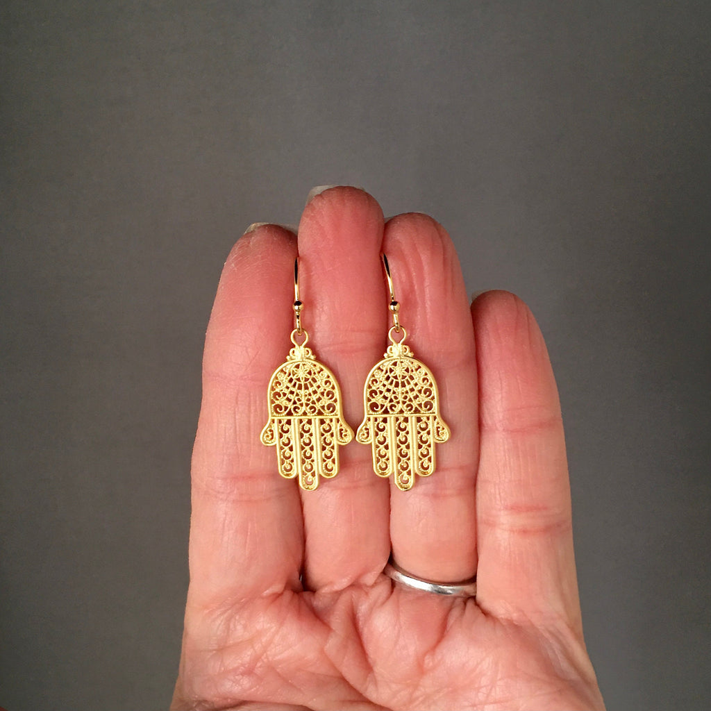 Matte Gold Vermeil Hamsa Charm Dangle Earrings
