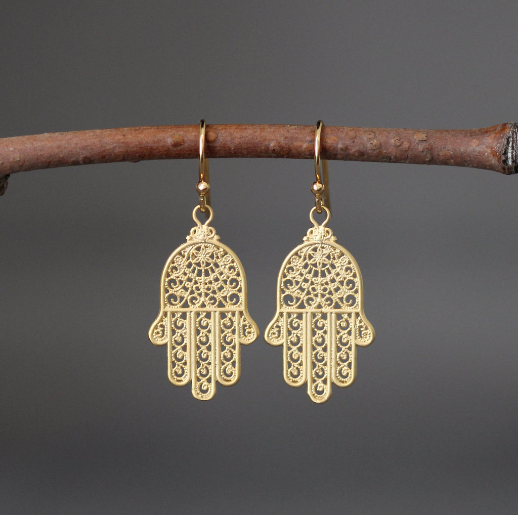 Matte Gold Vermeil Hamsa Charm Dangle Earrings