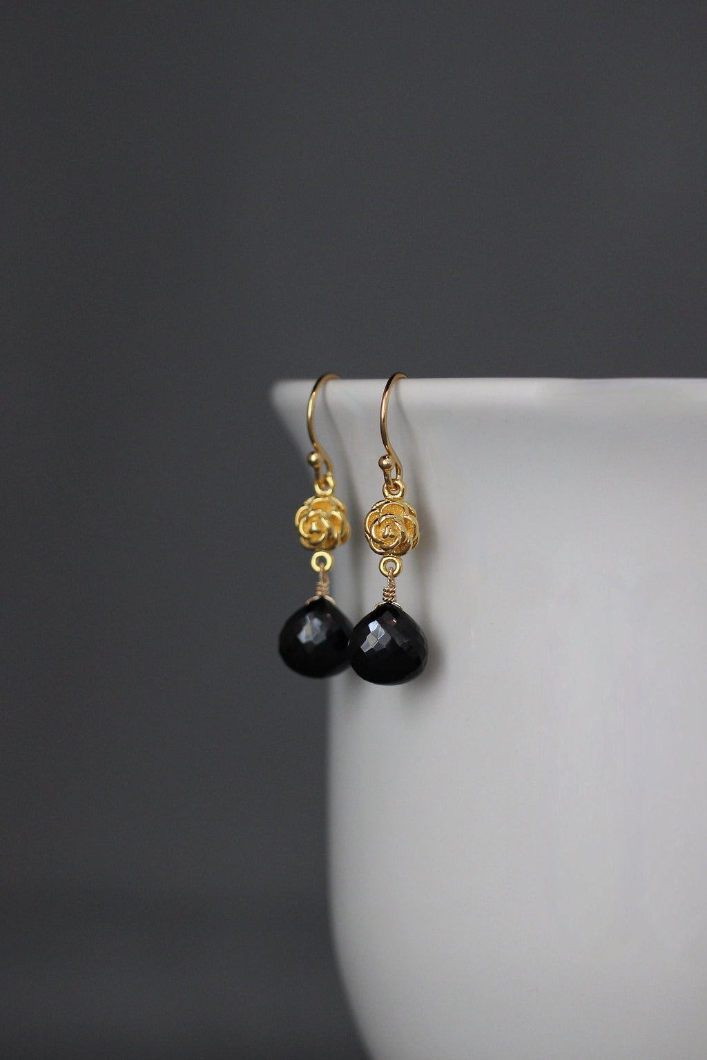 Black Spinel Teardrop Earrings on Gold Vermeil Rosebud Links