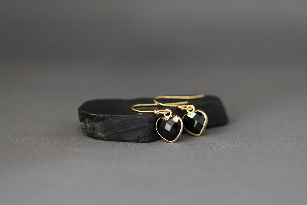 Black Onyx Heart Charm Earrings in Gold Vermeil Bezels
