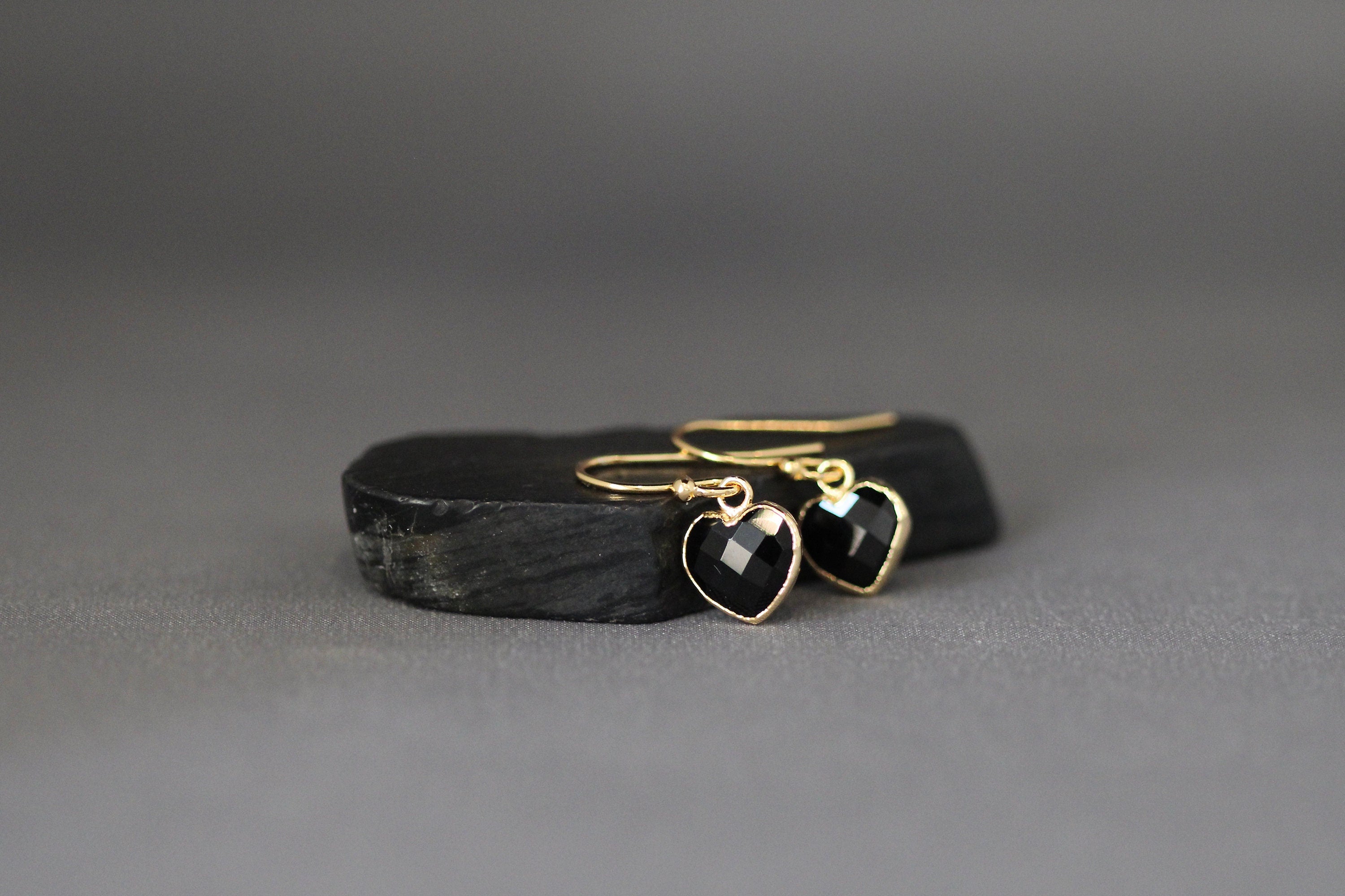 Black Onyx Heart Charm Earrings in Gold Vermeil Bezels