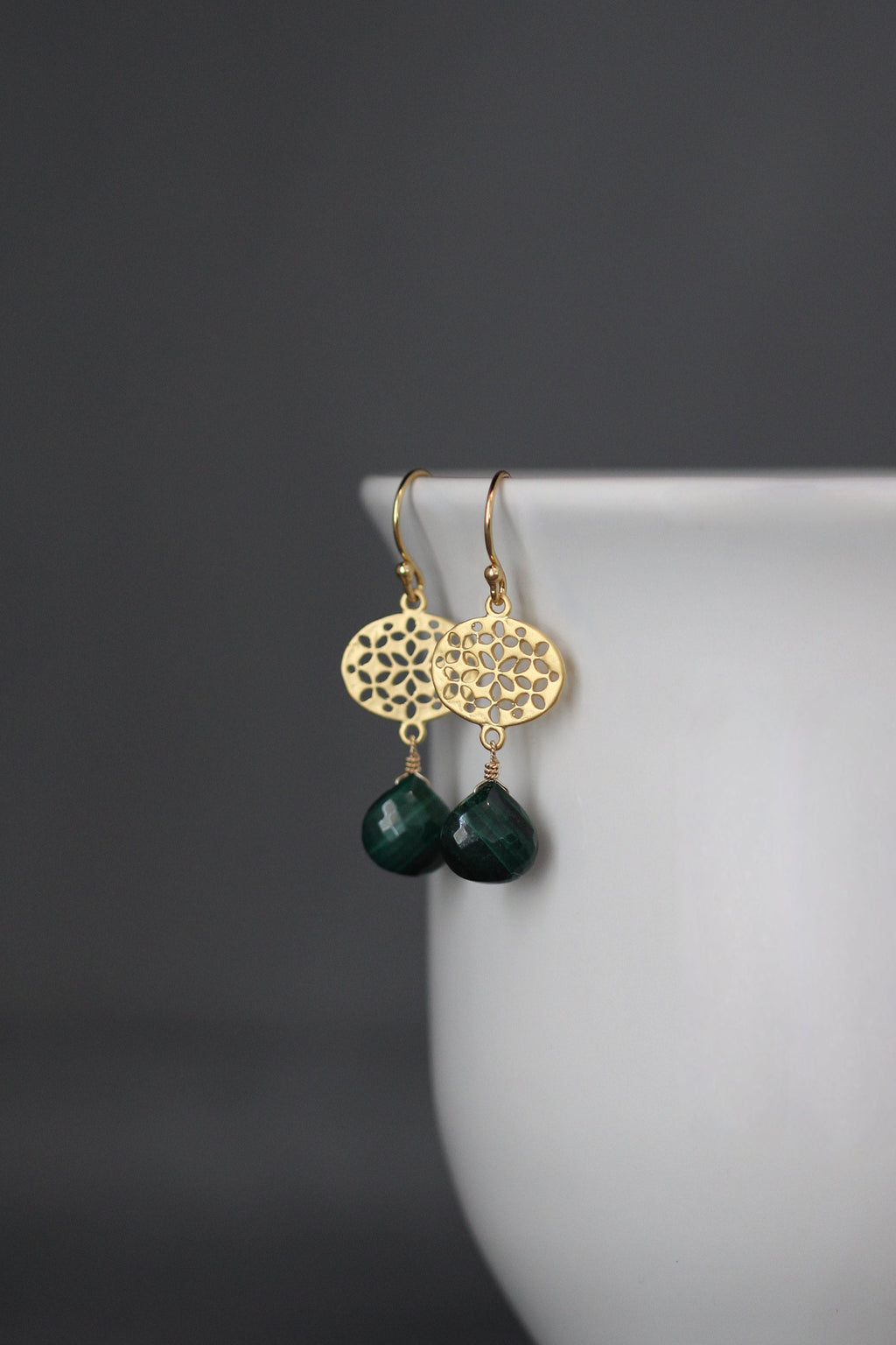 Malachite Teardrop Earrings on Gold Vermeil Filigree Links